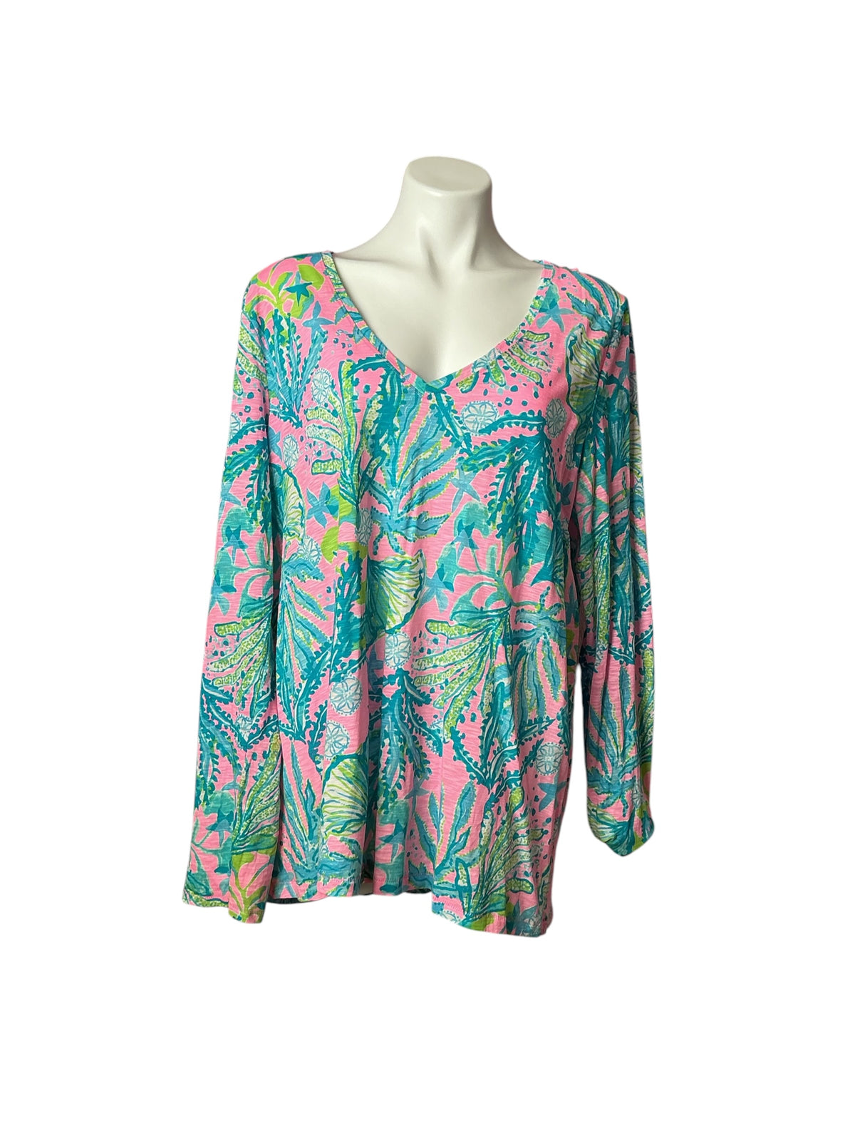 Lilly Pulitzer Etta Long Sleeve V-Neck Top Multi Bermudaful - Size XXL