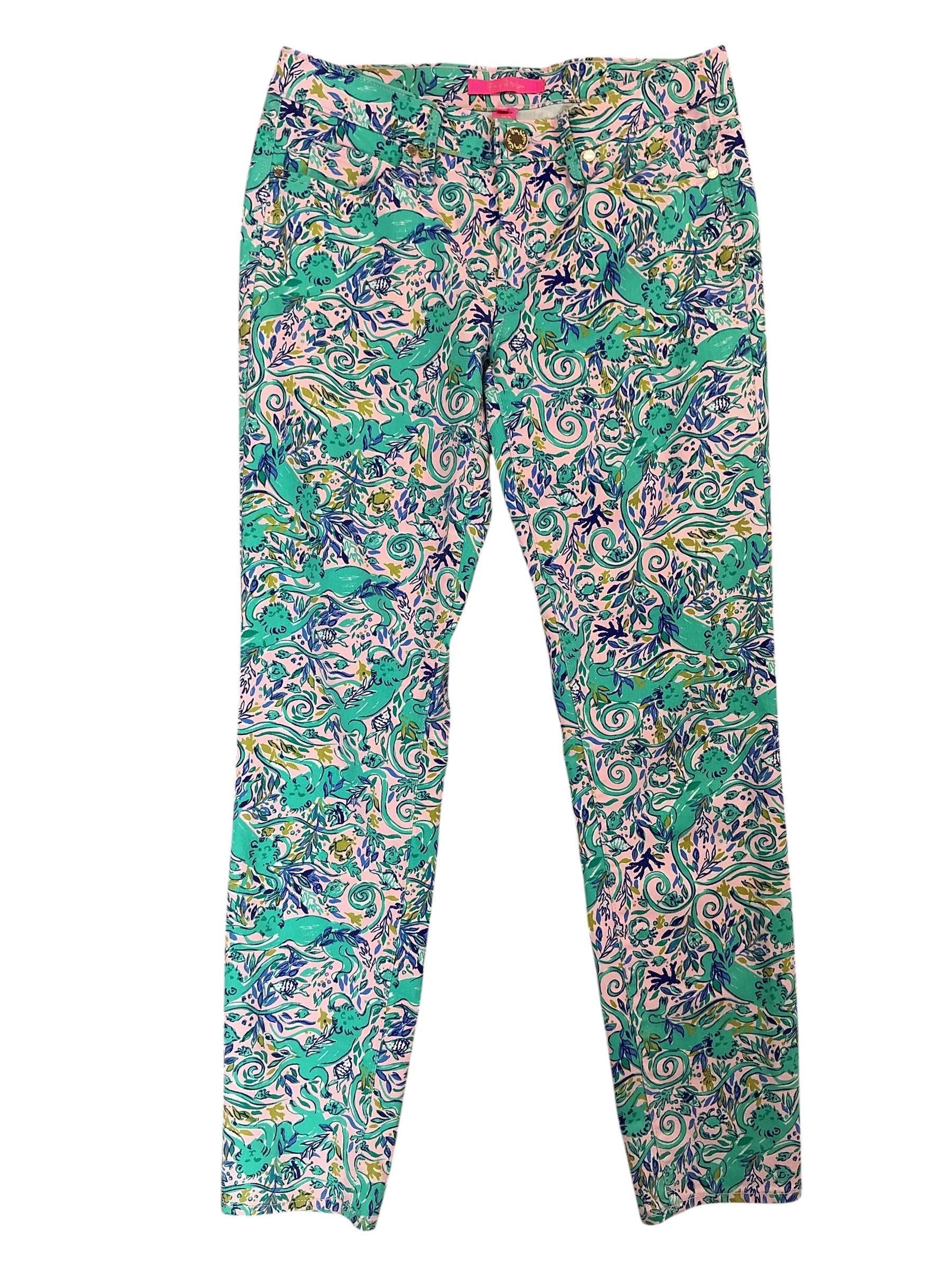 Lilly Pulitzer South Ocean Skinny Crop Pants Melon Fig Monkey Sea - Size 6