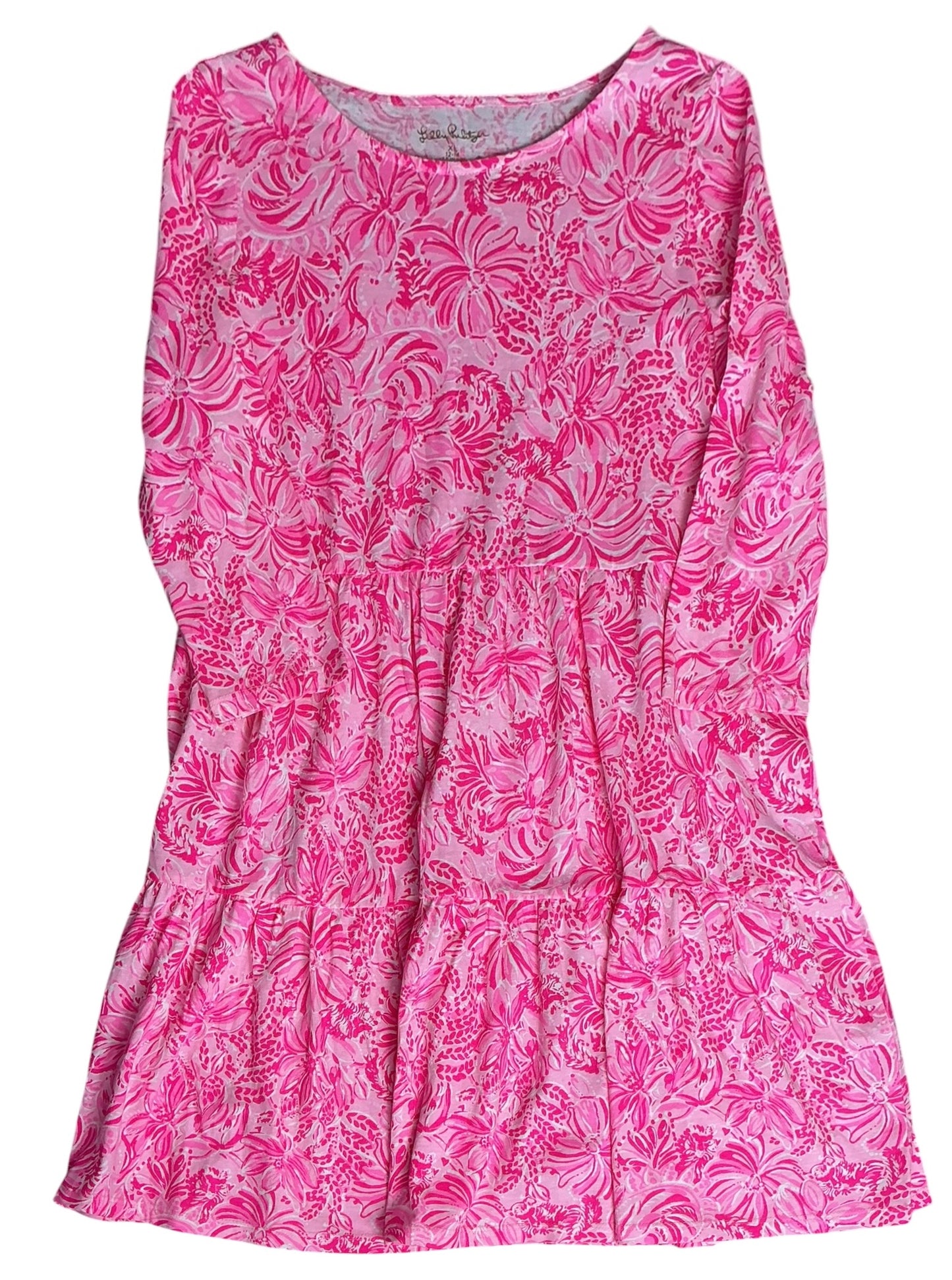 Lilly Pulitzer Girls Mini Geanna Dress Pink Blossom Foxy Llama - Size XL(12-14)