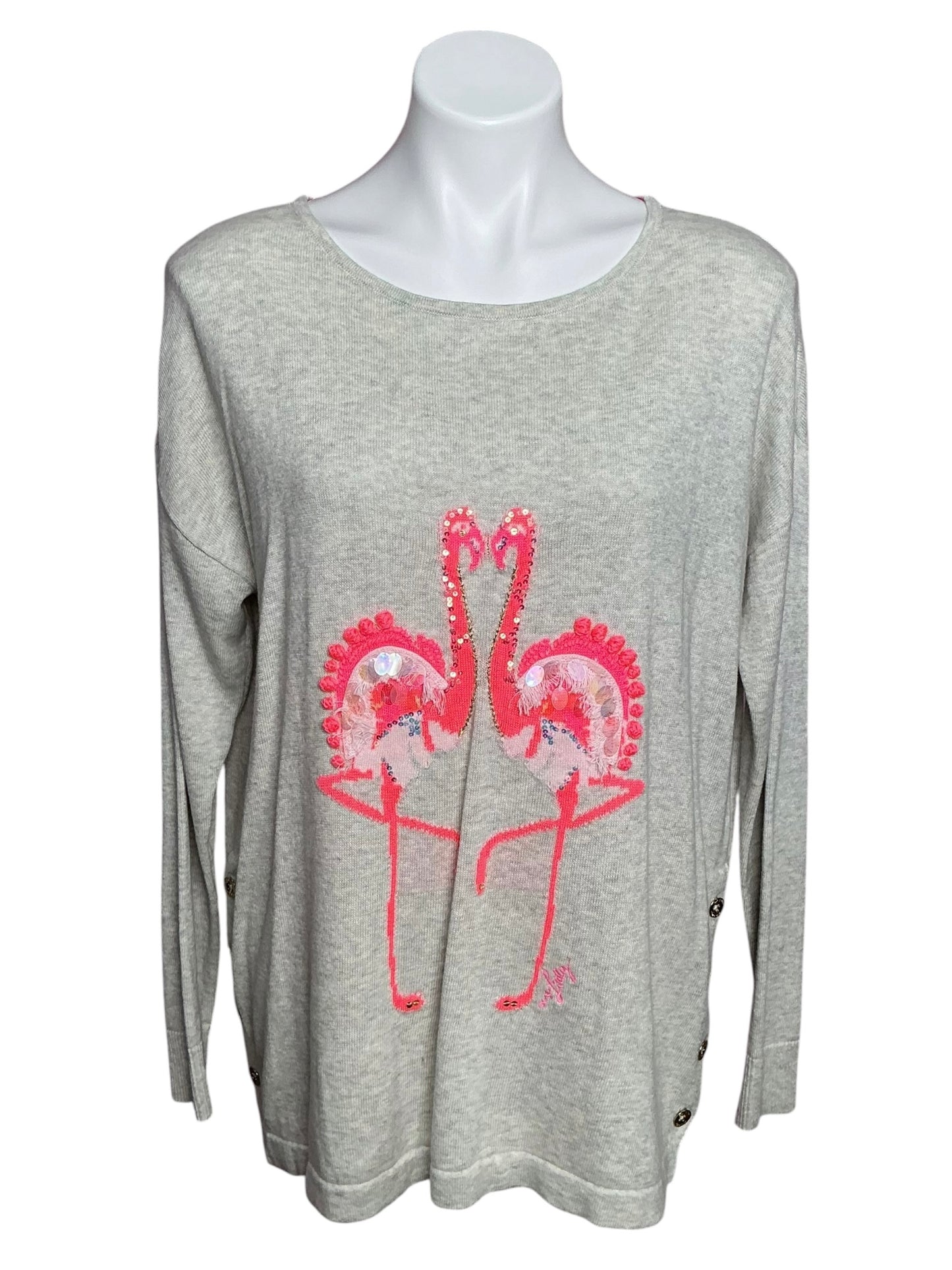 Lilly Pulitzer Caralynn Sweater Heathered Seaside Grey Flamingo Intarsia - Size M
