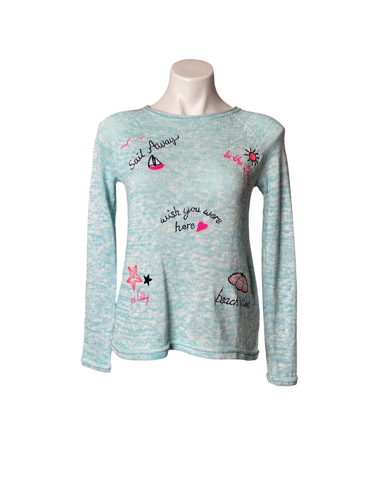 Lilly Pulitzer NWT Danette Sweater Celestial Blue Marl Sailbration Embroidered - Size XS