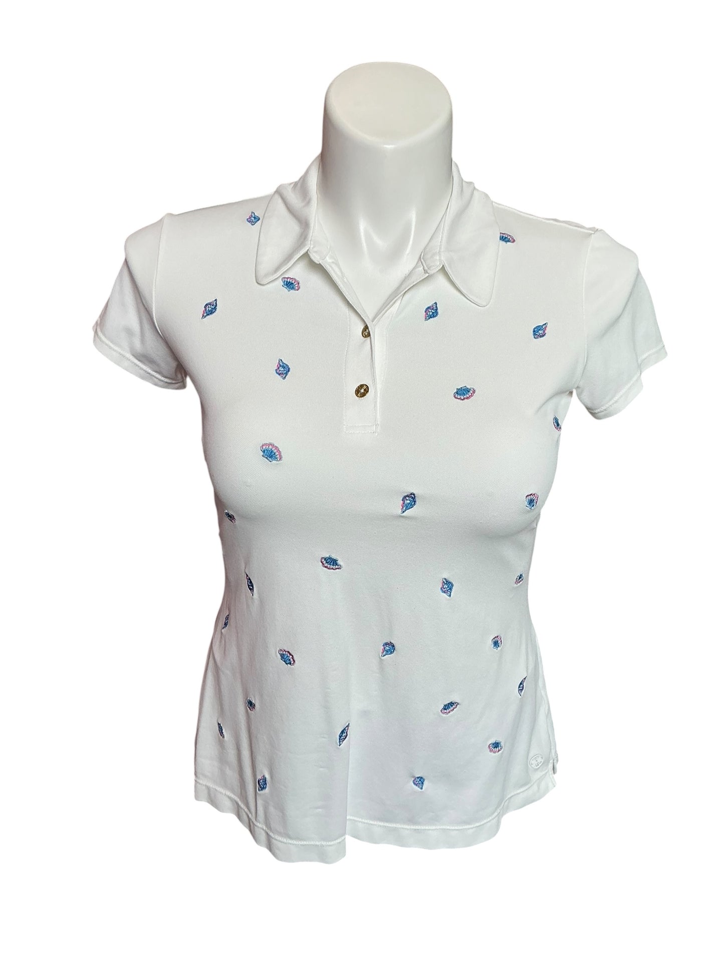 Lilly Pulitzer UPF 50+ Luxletic Frida Ruffle Polo Top Resort White Gone Shellin Embroidery - Size M