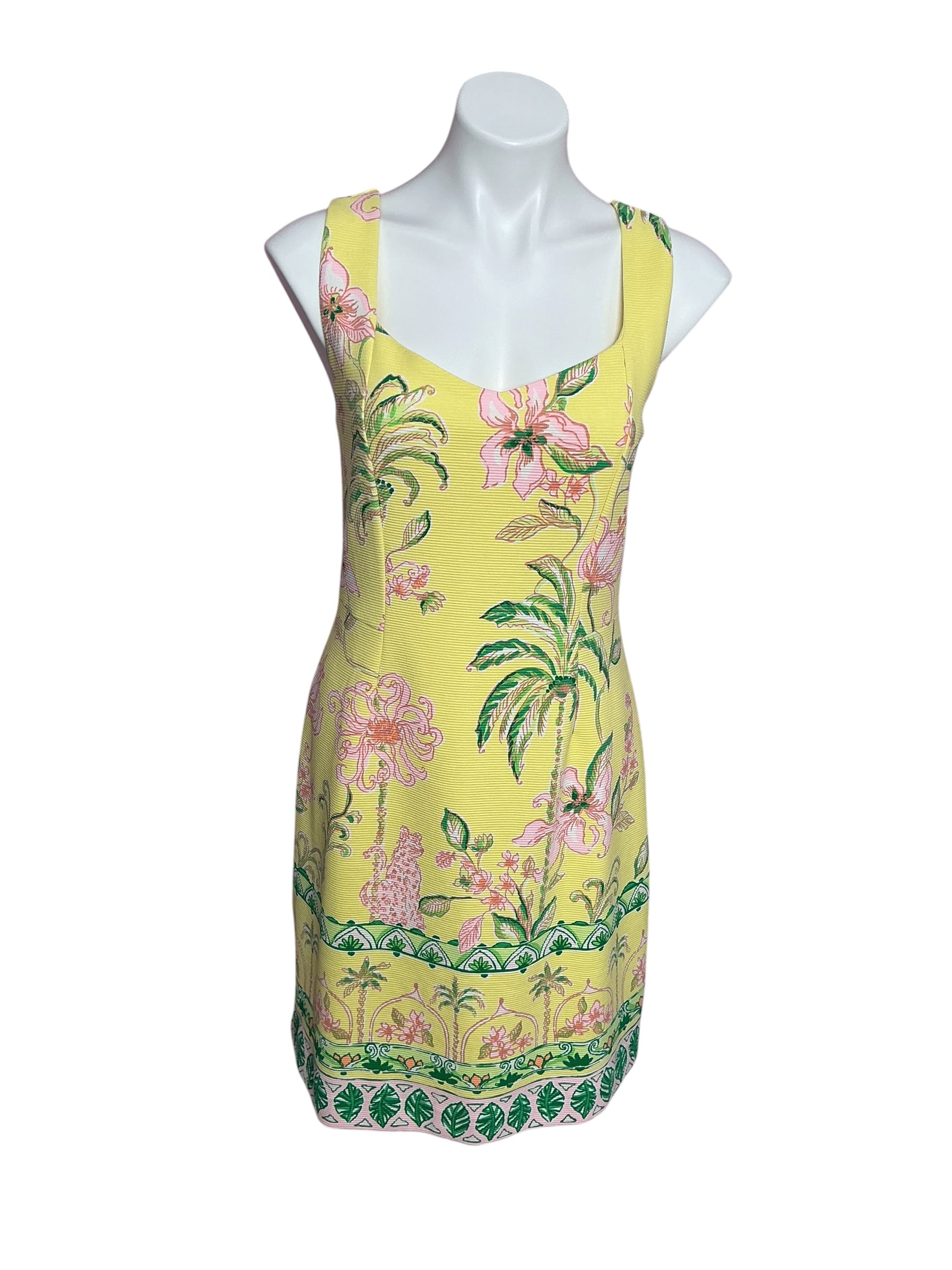 Lilly Pulitzer Del Rey Stretch Shift Dress Finch Yellow Tropical Oasis Engineered - Size L