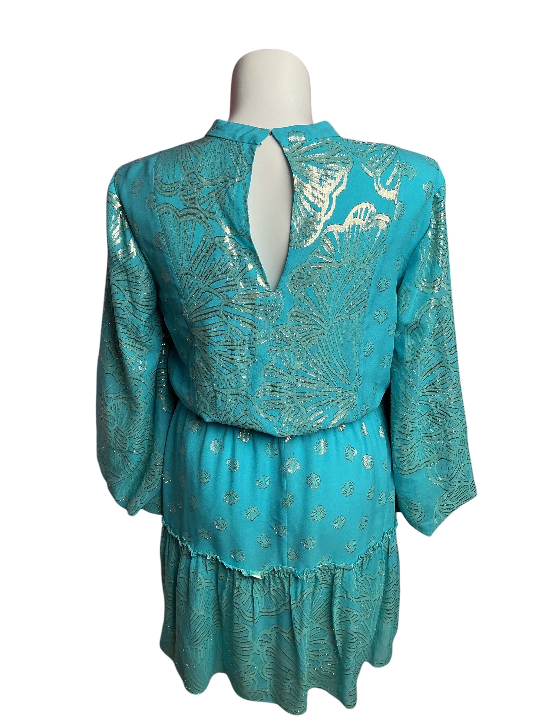Lilly Pulitzer- NWT Joella Silk Dress Bermuda Blue Seagrass Metallic Clip Chiffon Size 14