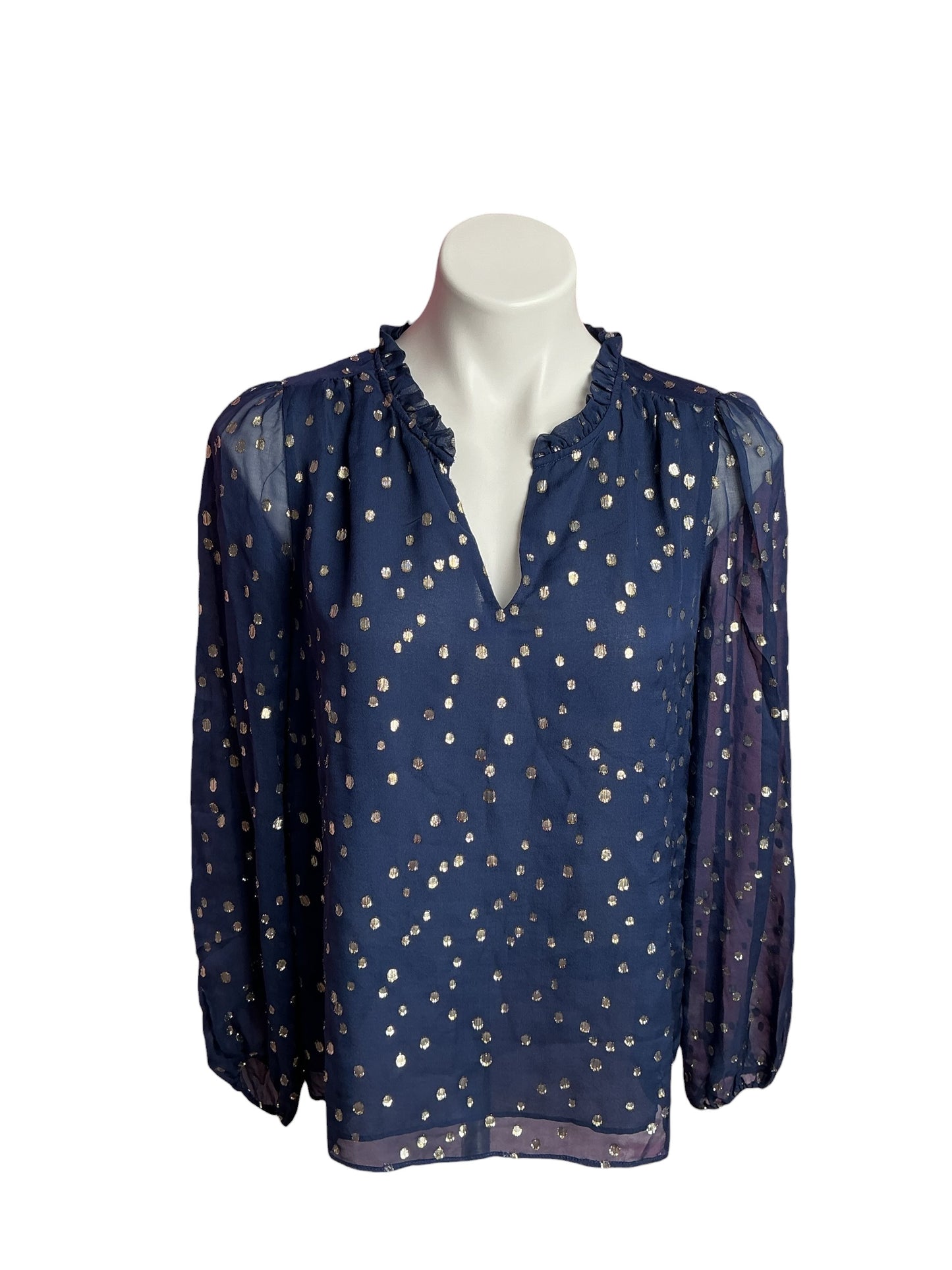 Lilly Pulitzer- Giana Long Sleeve Silk Top High Tide Navy Leafy Babe Metallic Silk Clip Size S