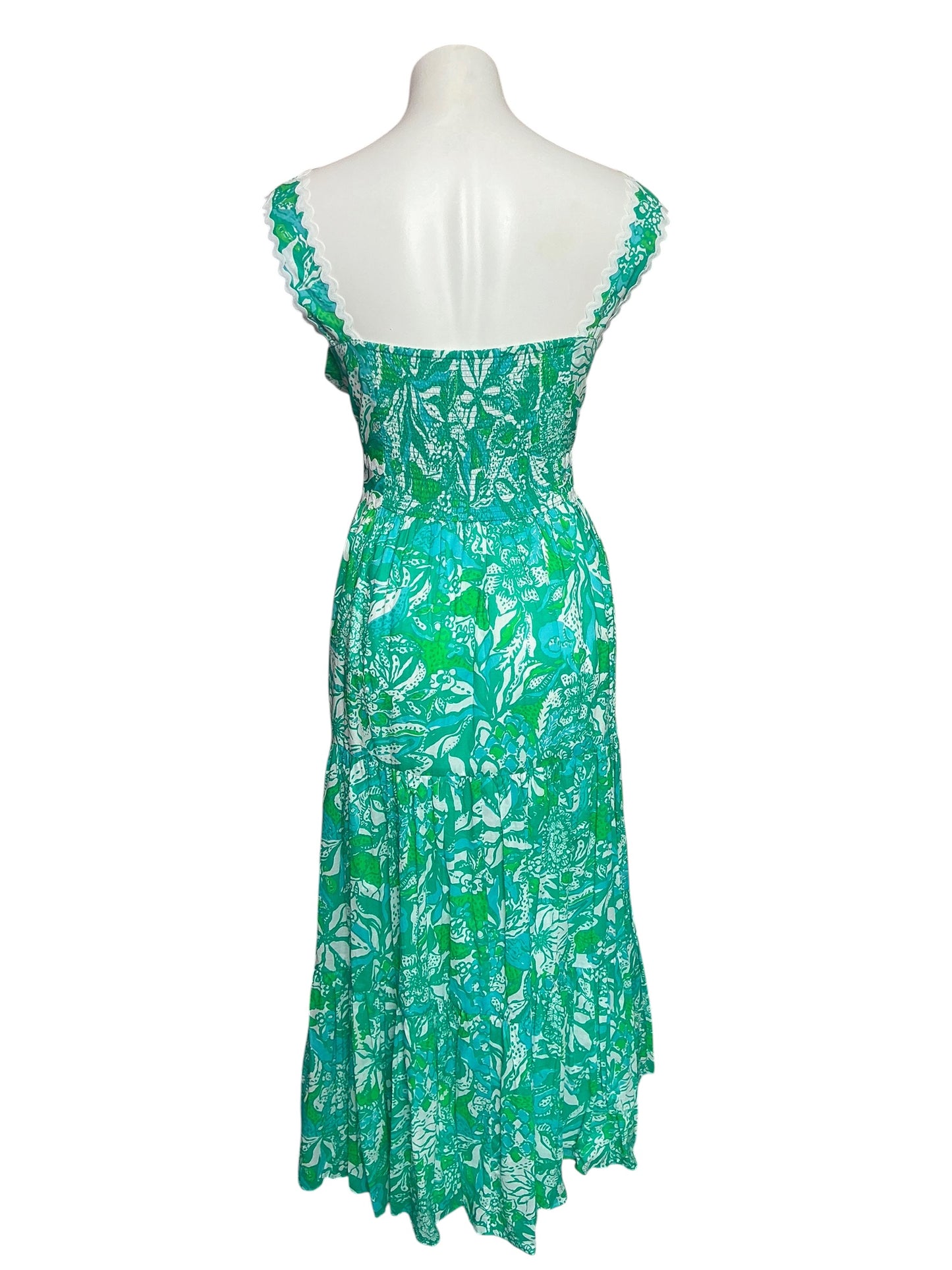 Lilly Pulitzer Pollie Tiered Scallop Trim Midi Dress Botanical Green Safari Sangria - Size 16 As Is