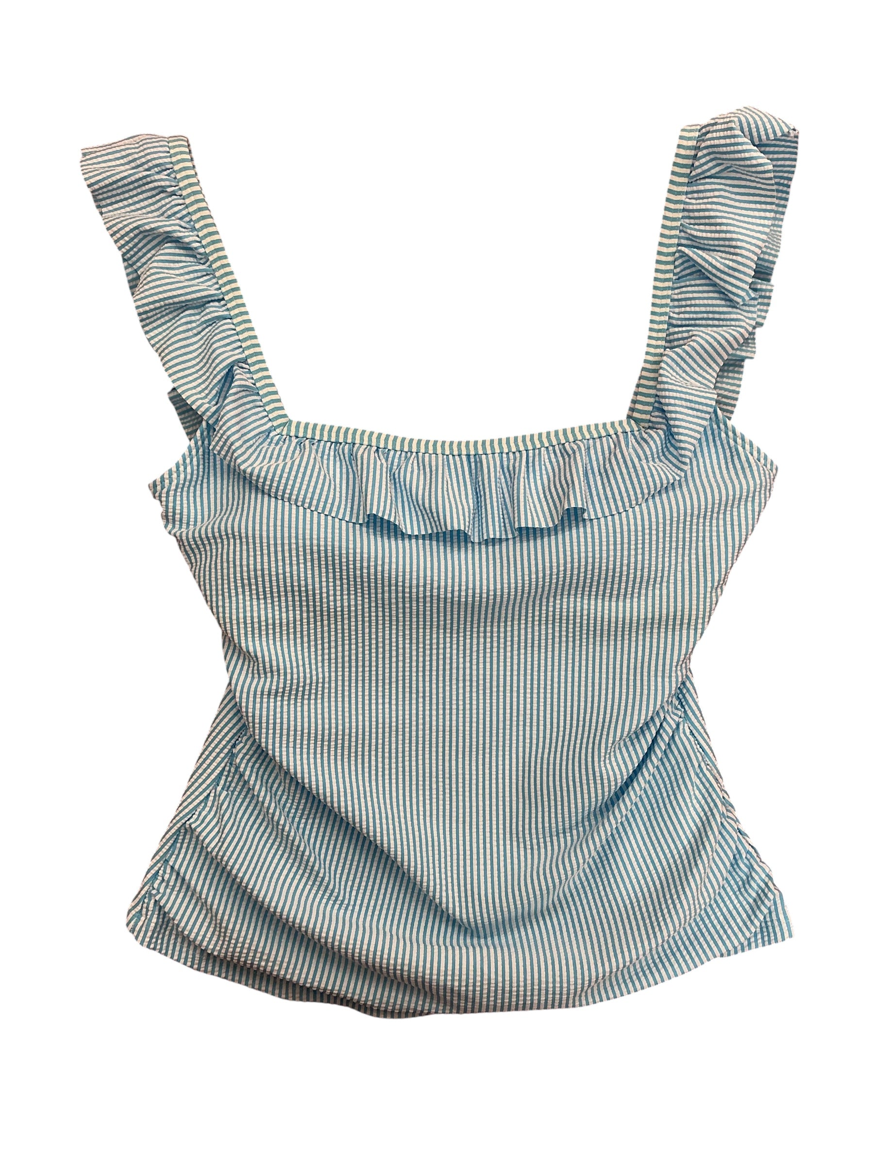 Lilly Pulitzer NWT Aenma Ruffle Tankini Top Capri Blue Seersucker Stripe - Size 6