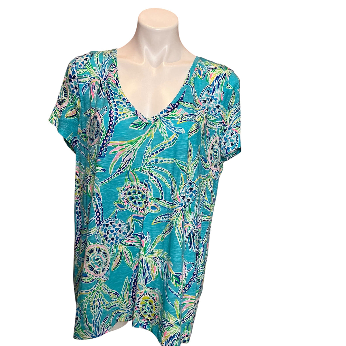 Lilly Pulitzer Etta V-Neck Top Bermuda Blue Turtle Szn - Size XL