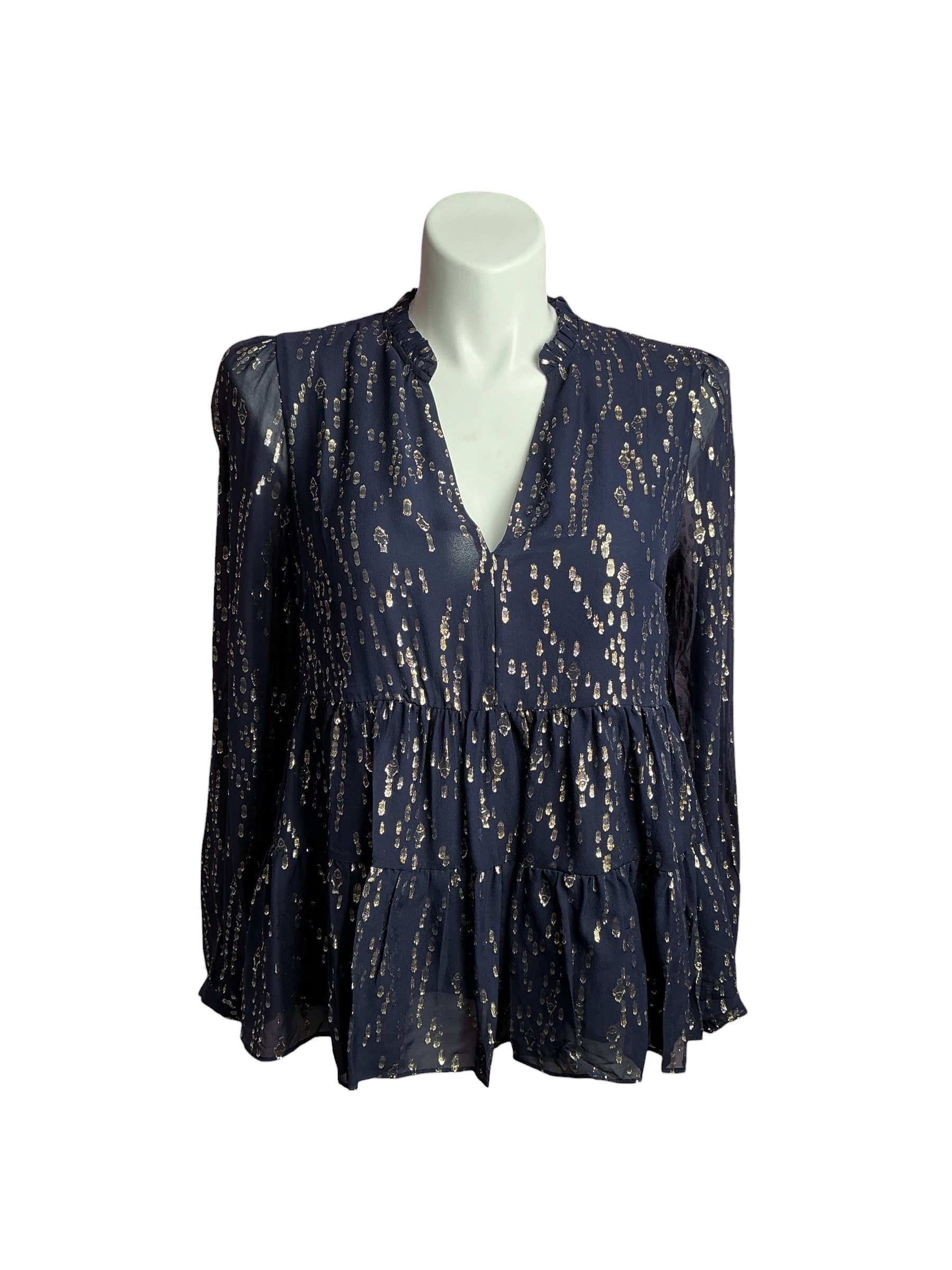 Lilly Pulitzer- NWT Sarita Long Sleeve Silk Top True Navy Fish Clip Chiffon Size 12