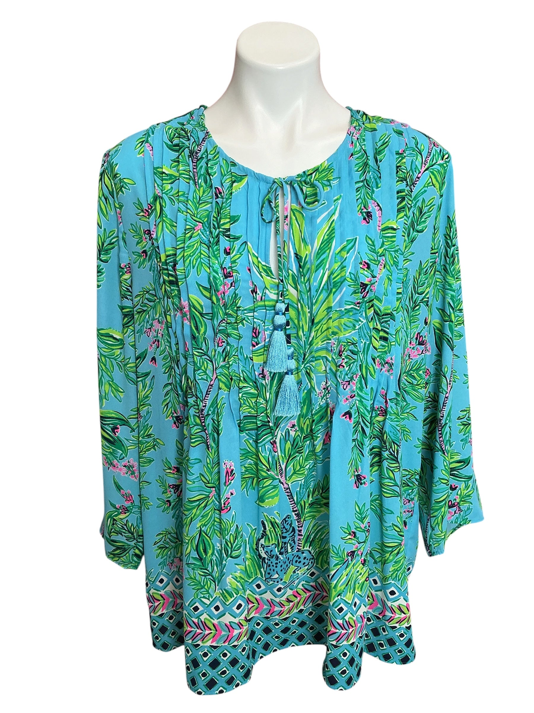 Lilly Pulitzer Marilina Long Sleeve Tunic Top Lunar Blue Jaguar Jungle Engineered - Size XL