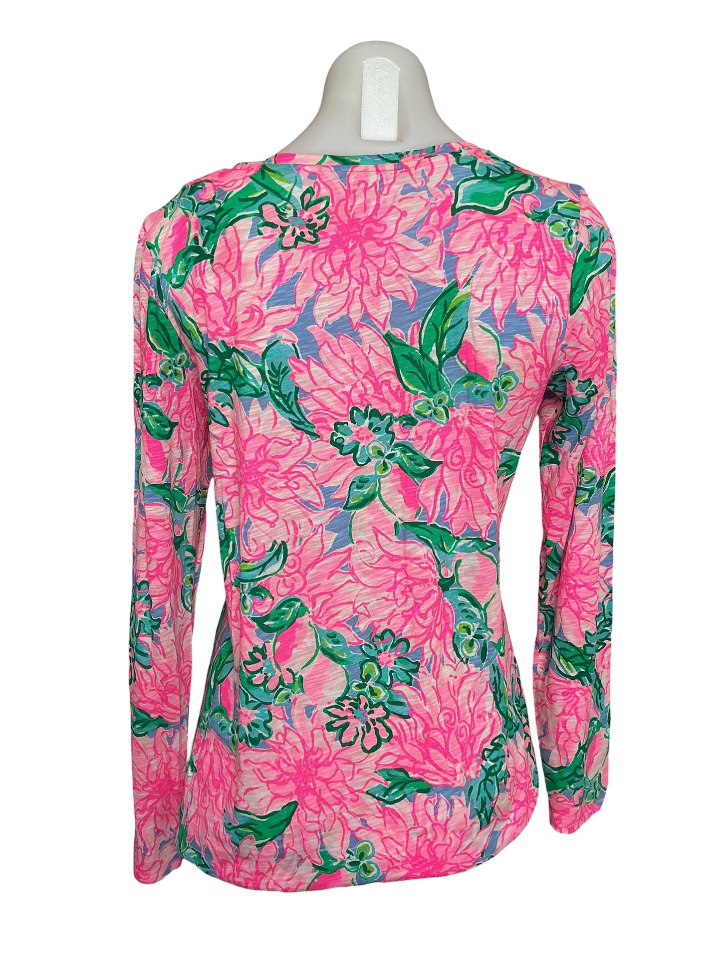 Lilly Pulitzer Etta Long Sleeve V-Neck Top - Pink Blossom Try Your Zest - Size XS