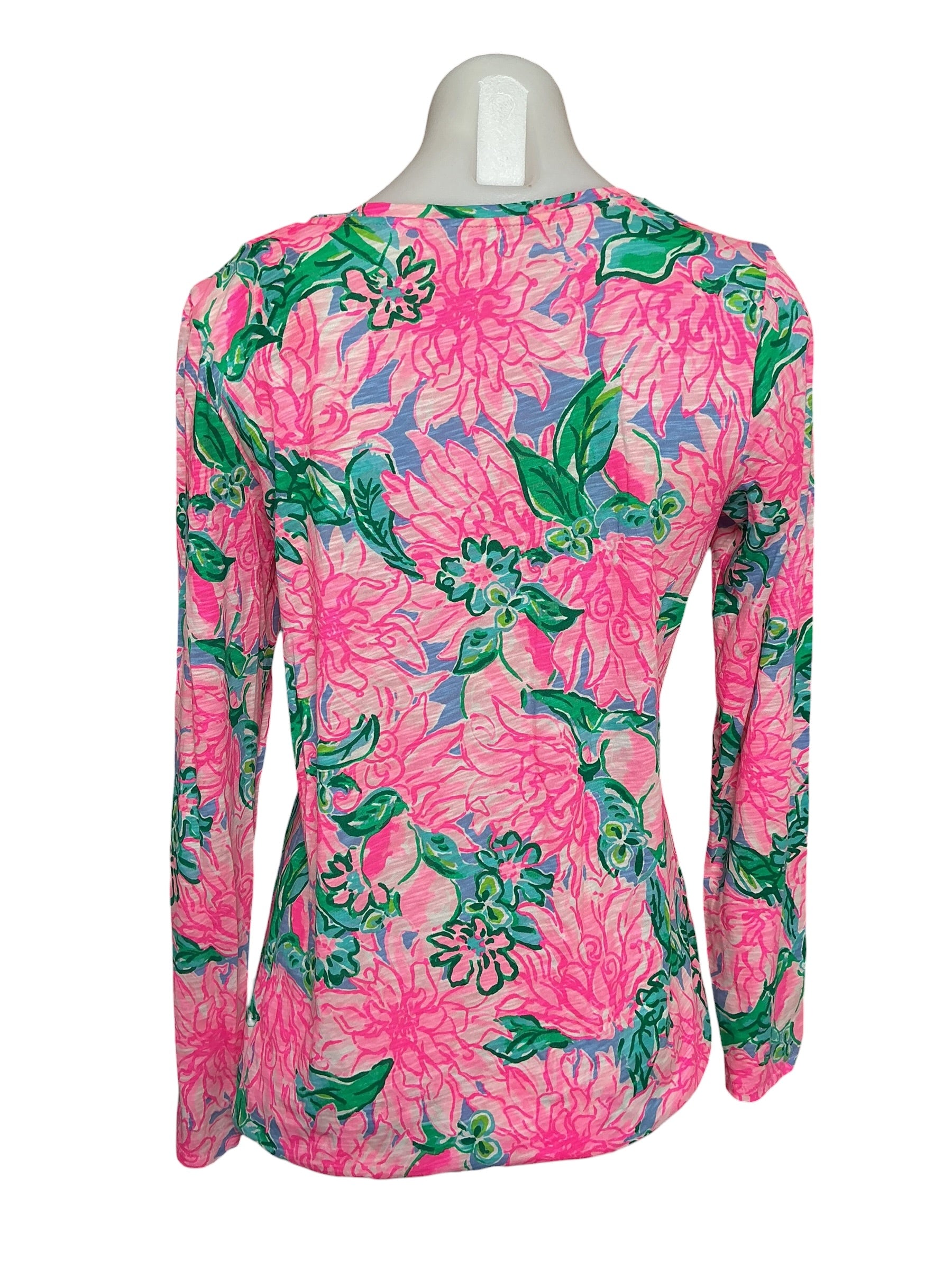 Lilly Pulitzer Etta Long Sleeve V-Neck Top - Pink Blossom Try Your Zest - Size XS