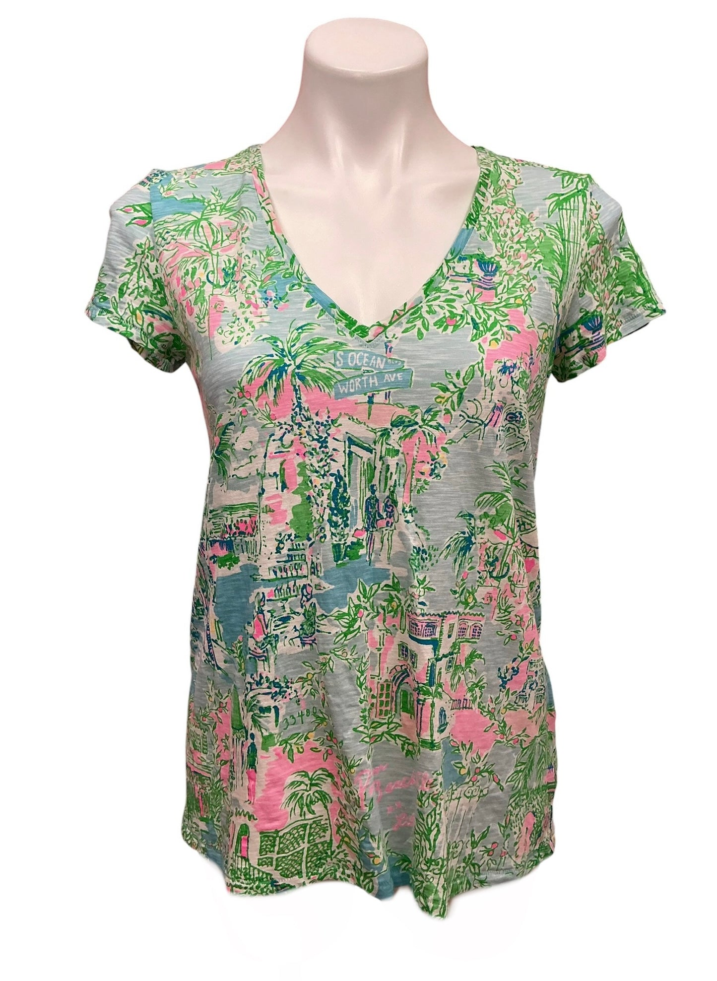 Lilly Pulitzer Etta V Neck Tee Lilly Loves Palm Beach - Size S