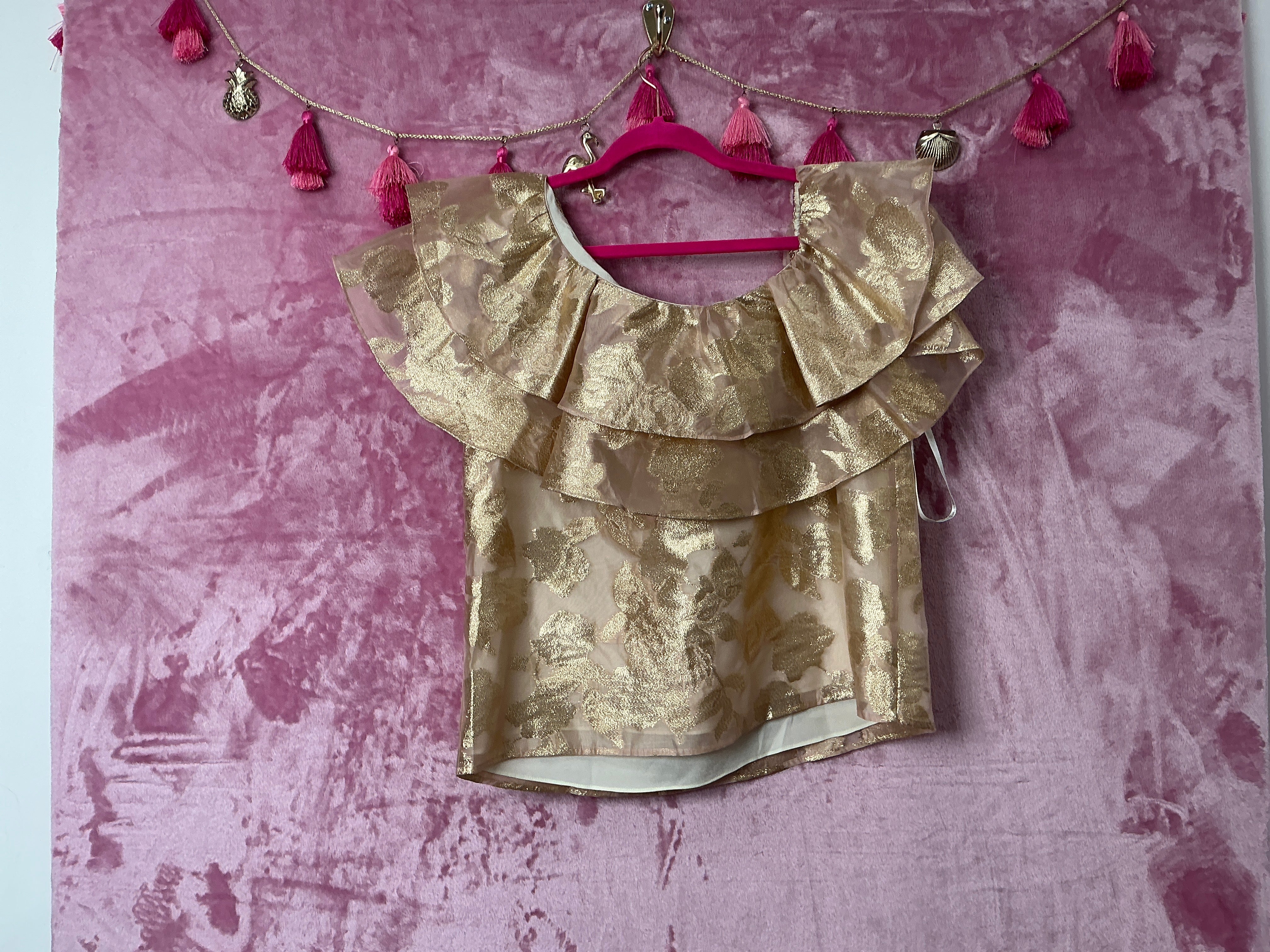 Lilly Pulitzer NWT Trixie One Shoulder Ru Gold Organza Brocade - Size M