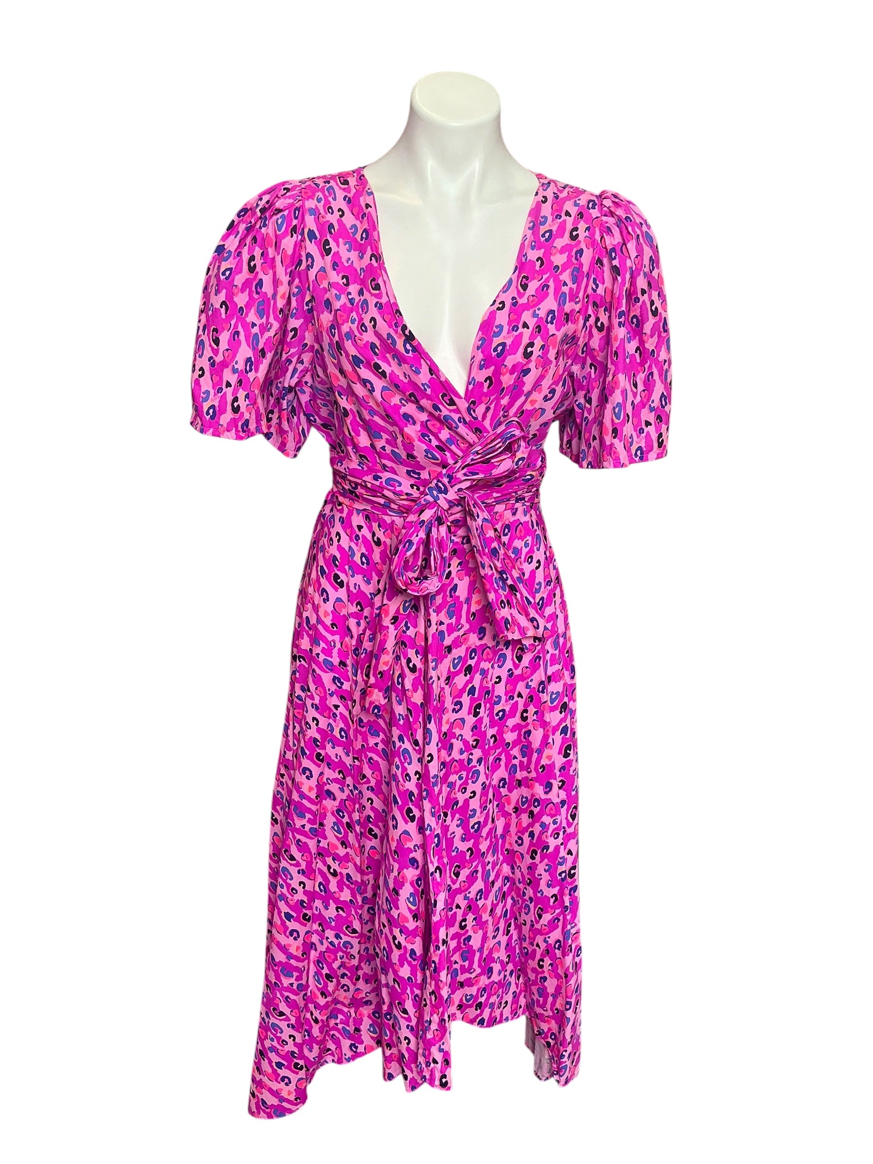 Lilly Pulitzer Juney Puff Sleeve Faux Wrap Midi Dress Wild Fuchsia Spotted in Love - Size 16