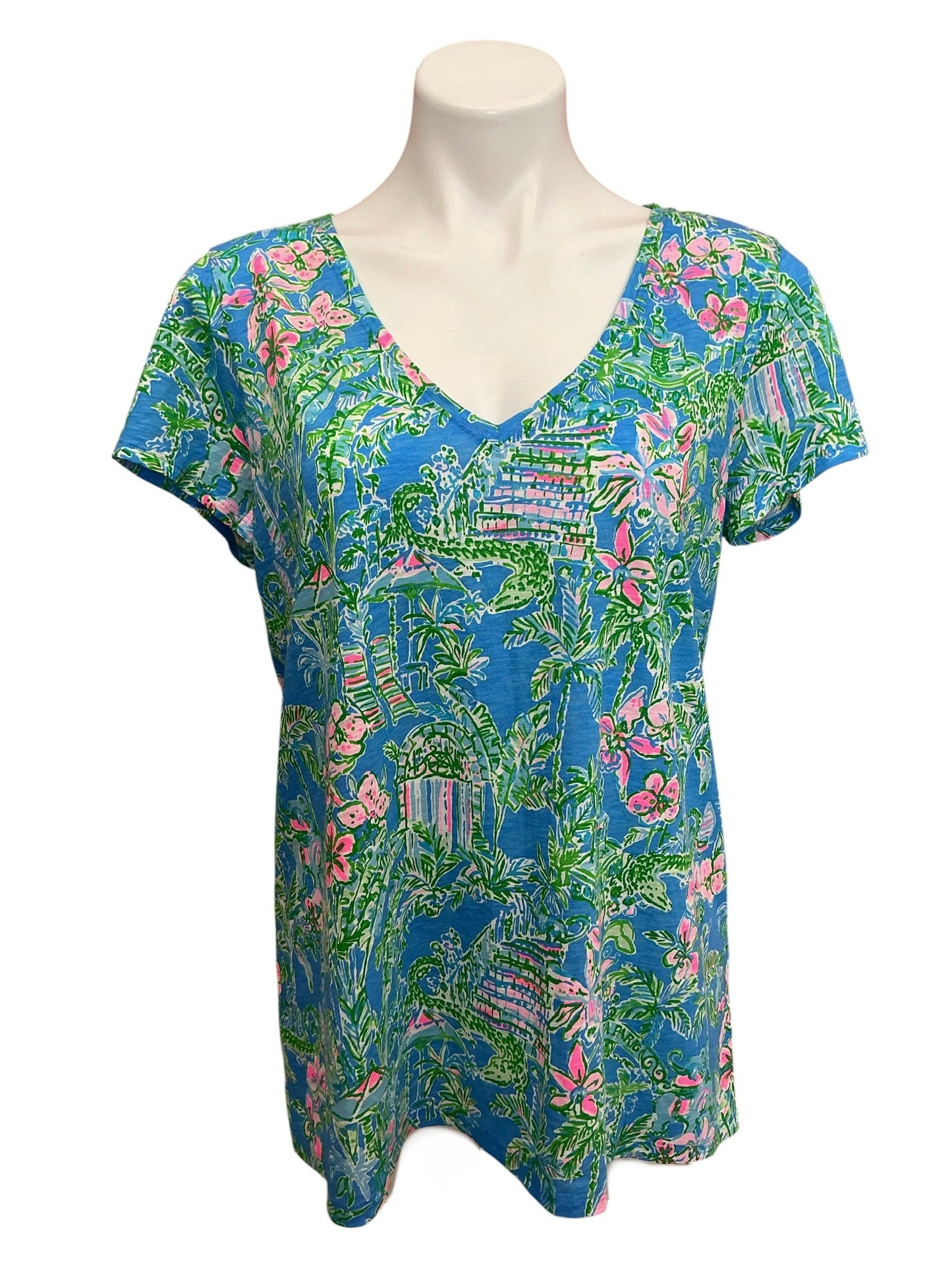 Lilly Pulitzer NWT Etta V Neck Top Boca Blue Beneath The Bougainvillea- Size L