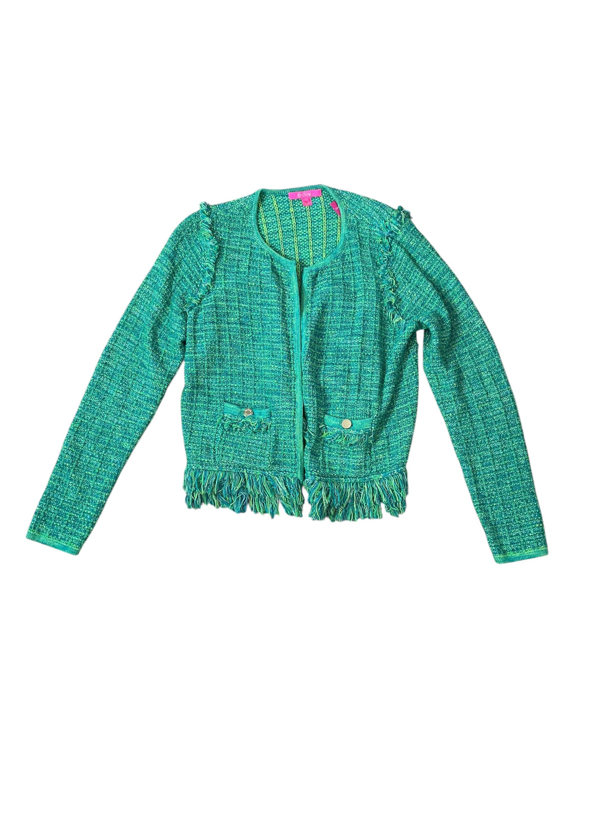 Lilly Pulitzer Simora Fringe Cardigan Evergreen Exotic Tweed - Size XL
