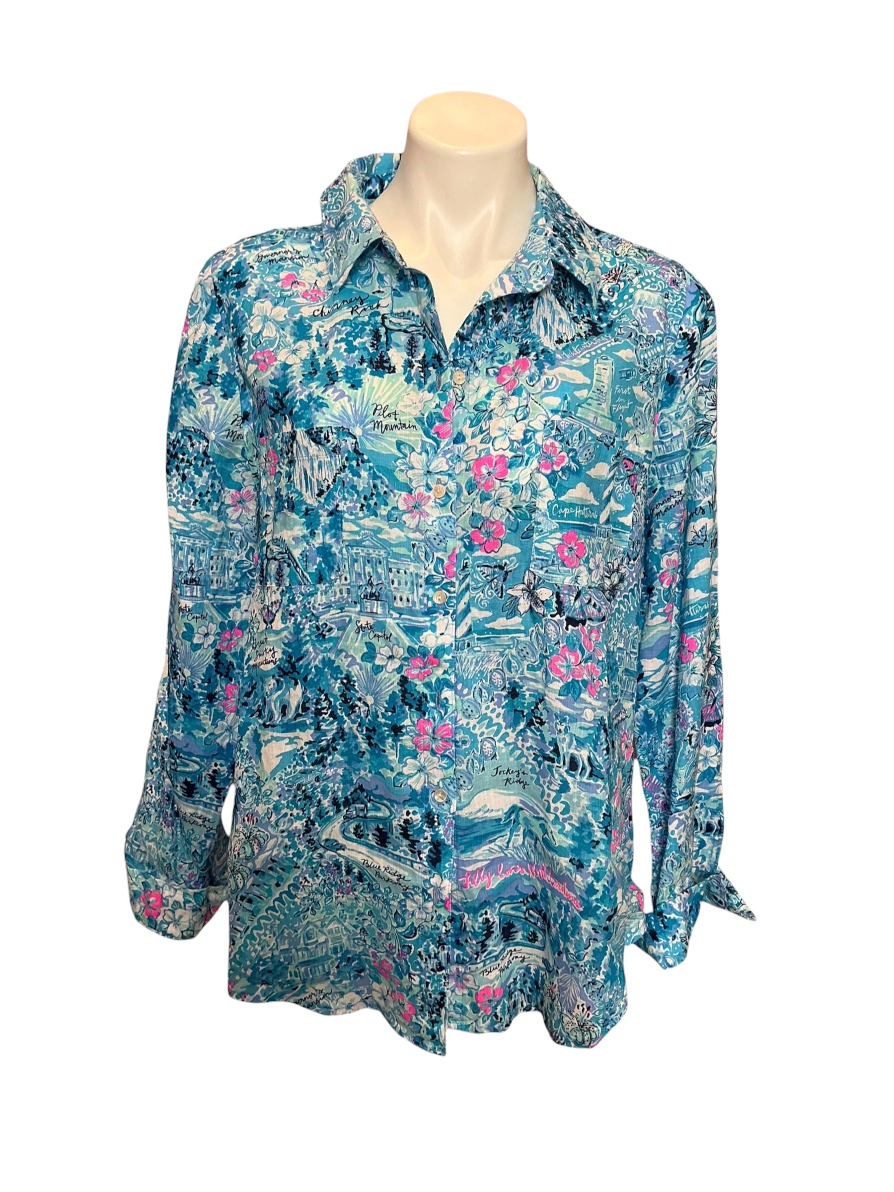 Lilly Pulitzer NWT Sea View Button Down Blue Peri Lilly Loves North Carolina - Size L
