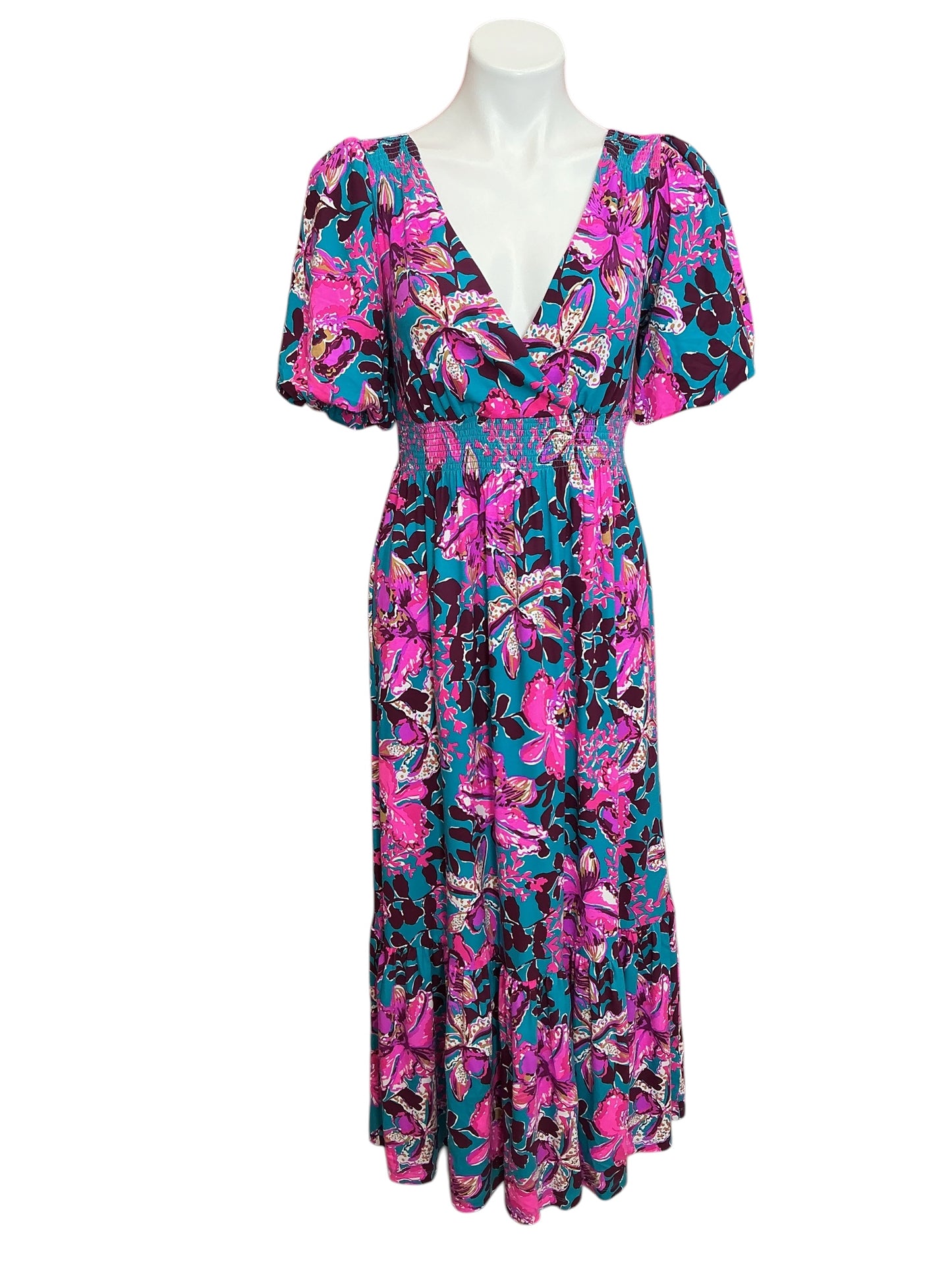 Lilly Pulitzer Holloway Elbow Sleeve Midi Dress Blue Rhapsody Orchid You Not - Size S