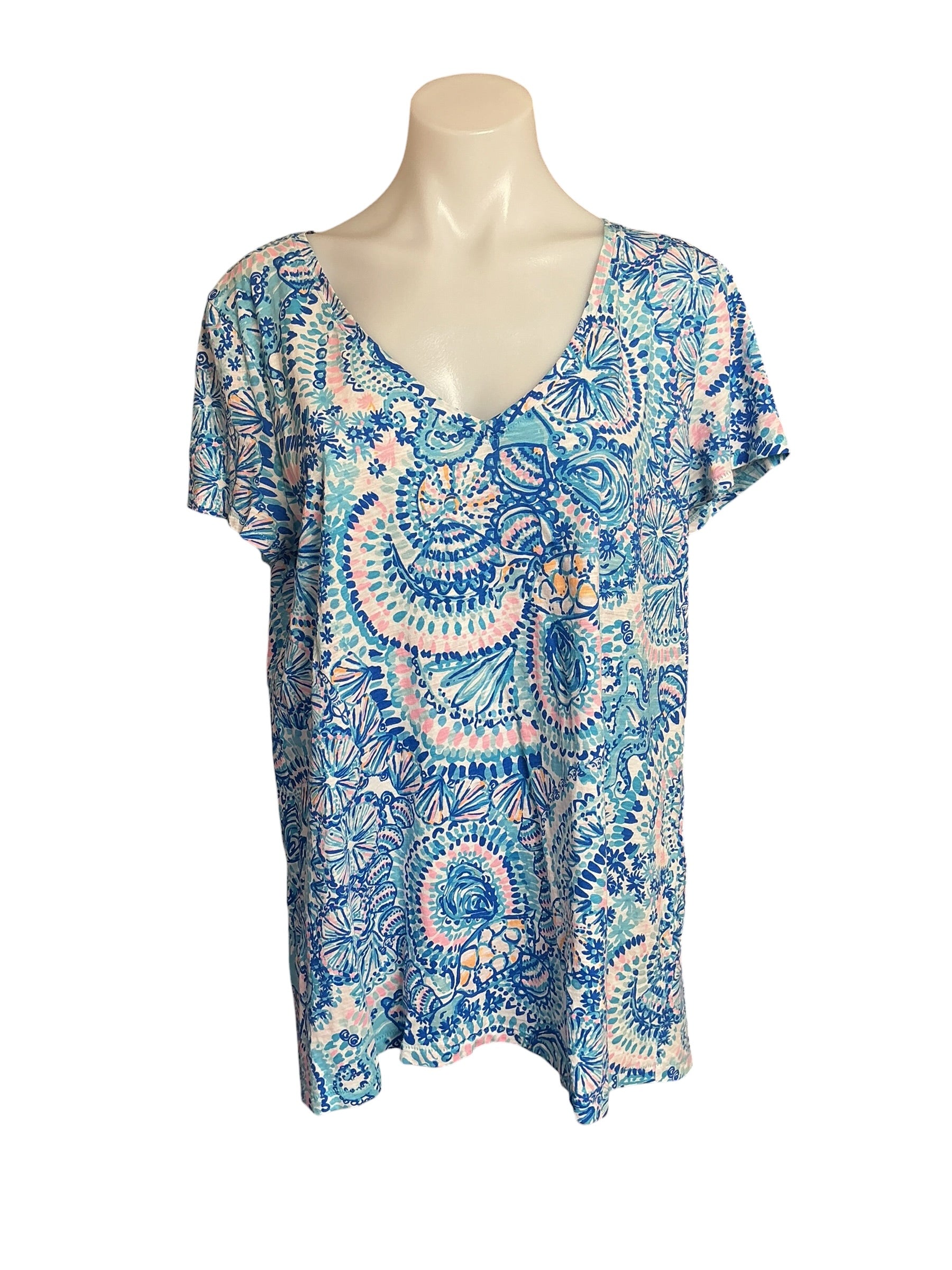 Lilly Pulitzer Etta V-Neck Tee - Blue Grotto Commotion In The Ocean - Size L