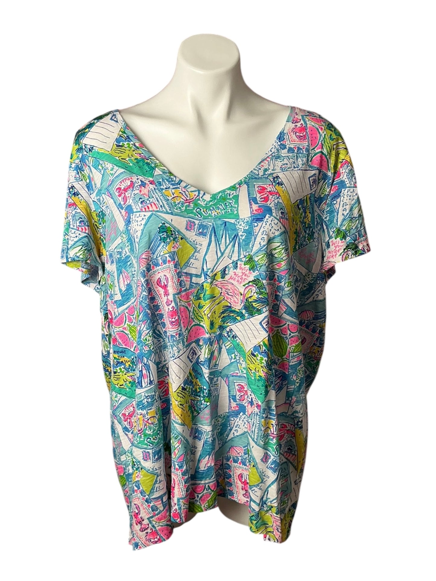Lilly Pulitzer Etta V Neck Top Wish You Were Here - Size XXL
