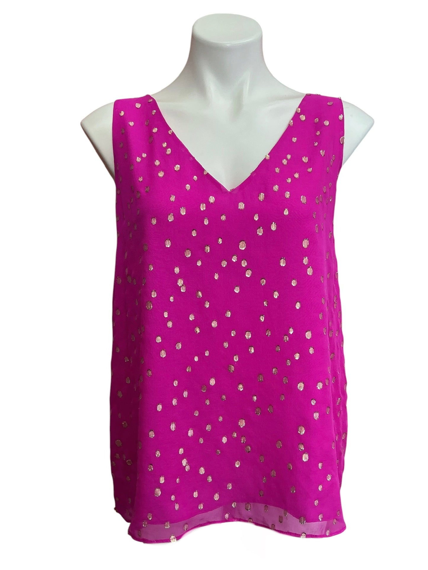 Lilly Pulitzer Florin Sleeveless V Neck Top Elderberry Gold Metallic Silk Clip - Size XL
