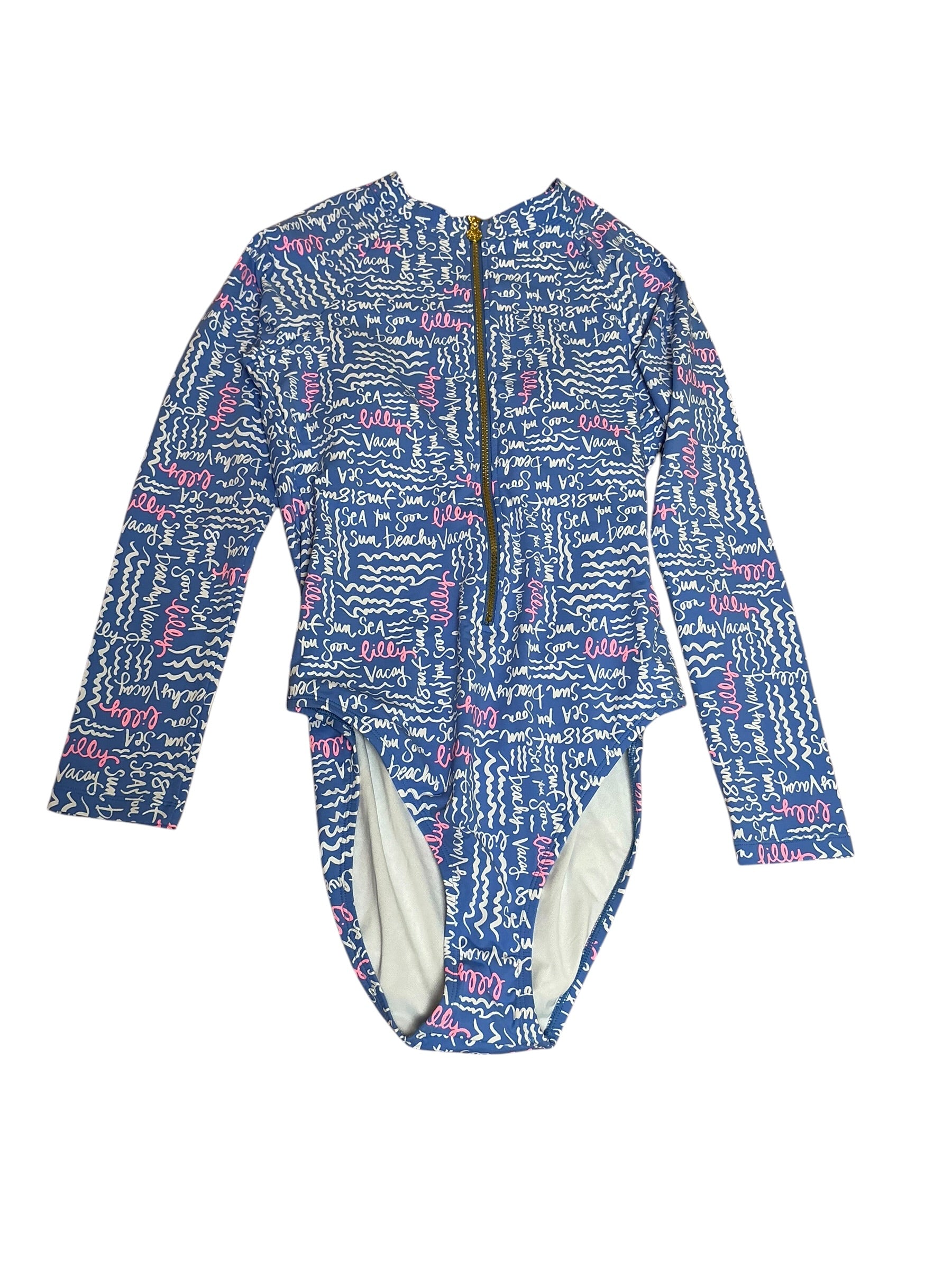 Lilly Pulitzer NWT Randee Rashguard One Piece UPF 50+ Sunwashed Blue Seacrets - Size 12