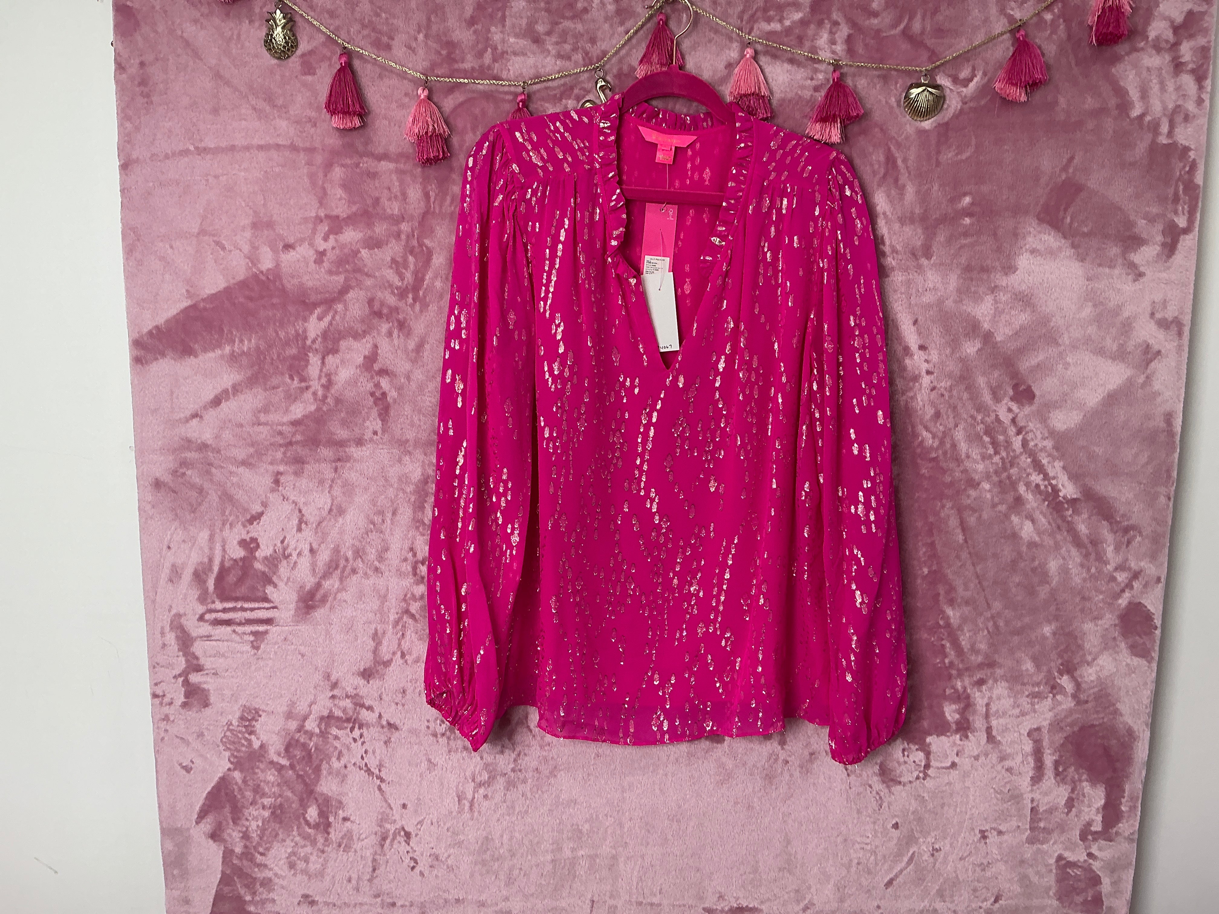 Lilly Pulitzer Long Sleeve Top NWT - Giana Long Sleeve Silk Top - Pink Palms - Fish Clip Chiffon - Size L