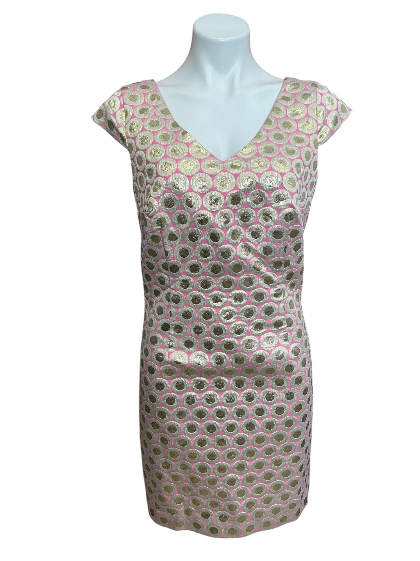 Lilly Pulitzer Sleeveless V Neck Sheath Dress Pink And Silver Metallic Dot Jacquard - Size 8