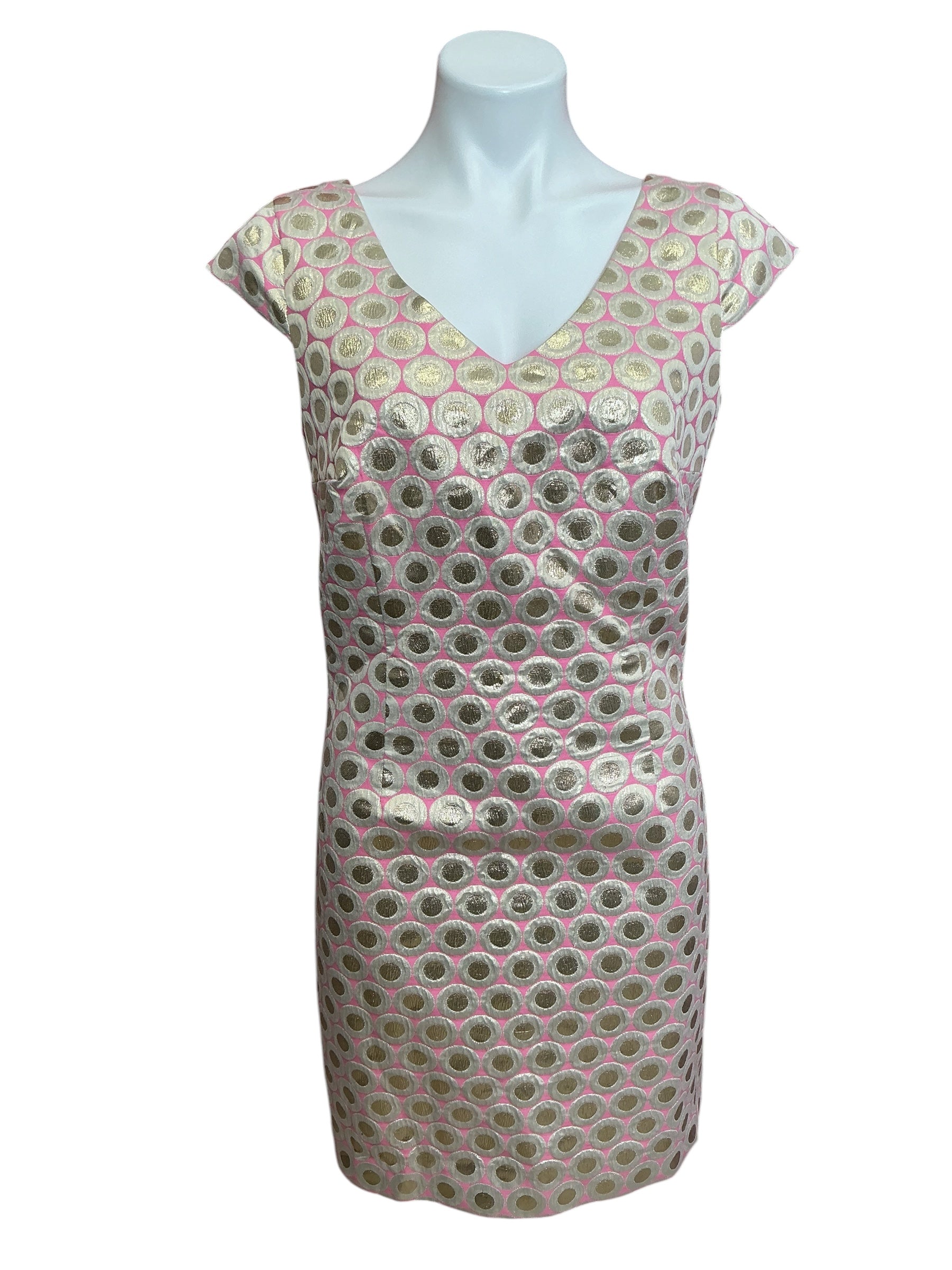 Lilly Pulitzer Sleeveless V Neck Sheath Dress Pink And Silver Metallic Dot Jacquard - Size 8