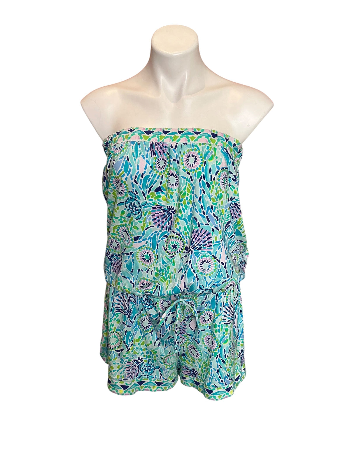 Lilly Pulitzer Rikki Strapless Romper Blue Ibiza Open Water Engineered Romper - Size XL