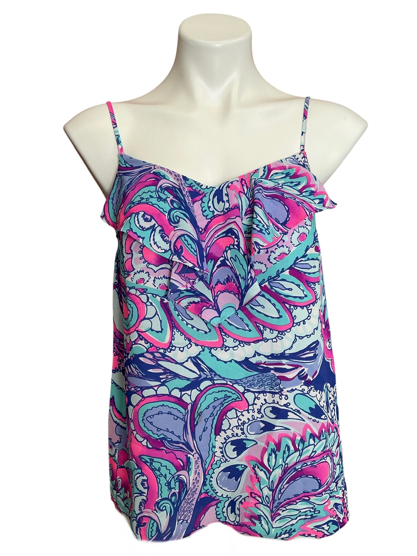Lilly Pulitzer Karmen Ruffle Cami Top Pink Tropics Mermaids Call - Size S