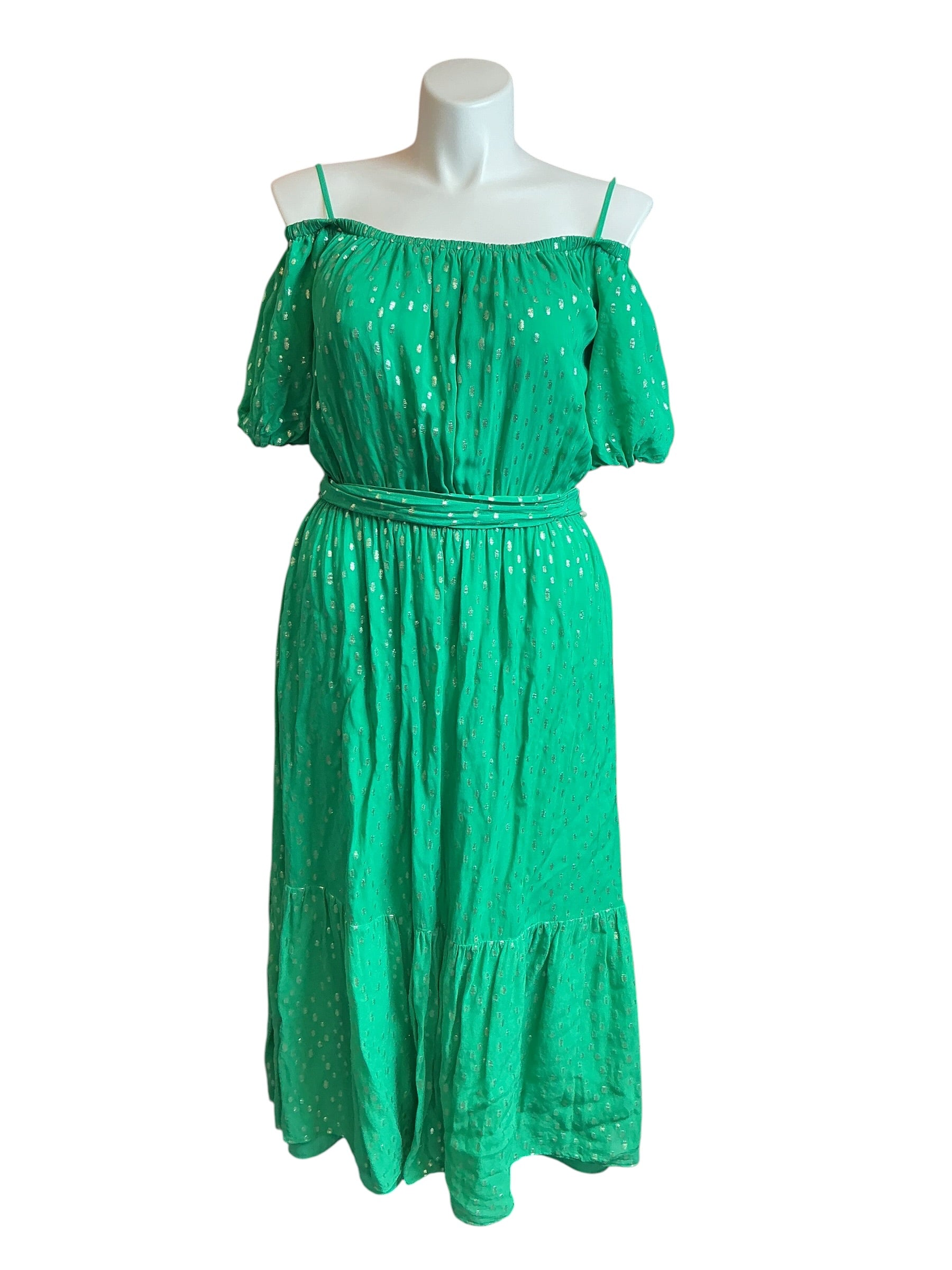 Lilly Pulitzer Tamie Off-The-Shoulder Midi Botanical Green Viscose Metallic Clip Dress  - Size XL