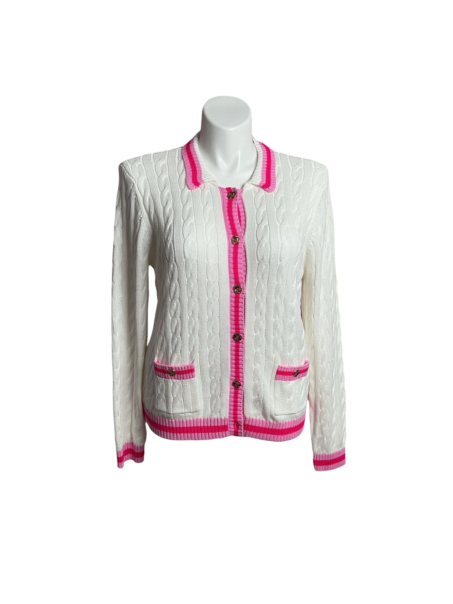 Lilly Pulitzer- NWT Brockton Polo Cardigan Coconut X Pink Bliss Tipping Size XL