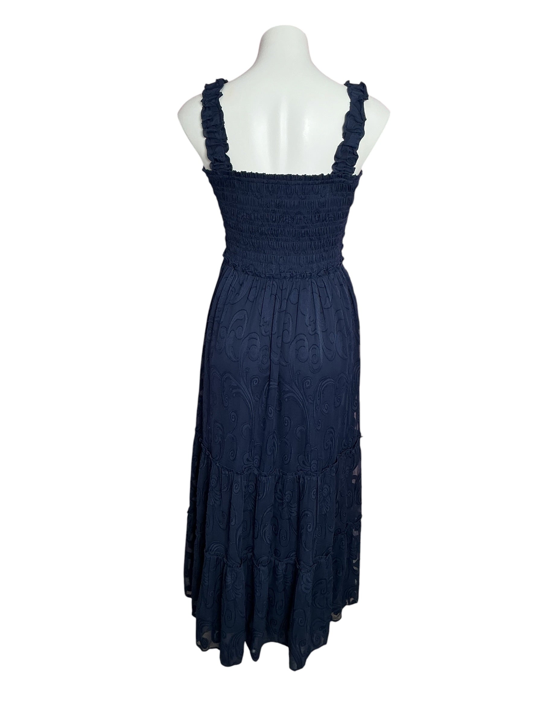 Lilly Pulitzer Hadly Smocked Maxi Dress True Navy Poly Crepe Swirl Clip - Size M
