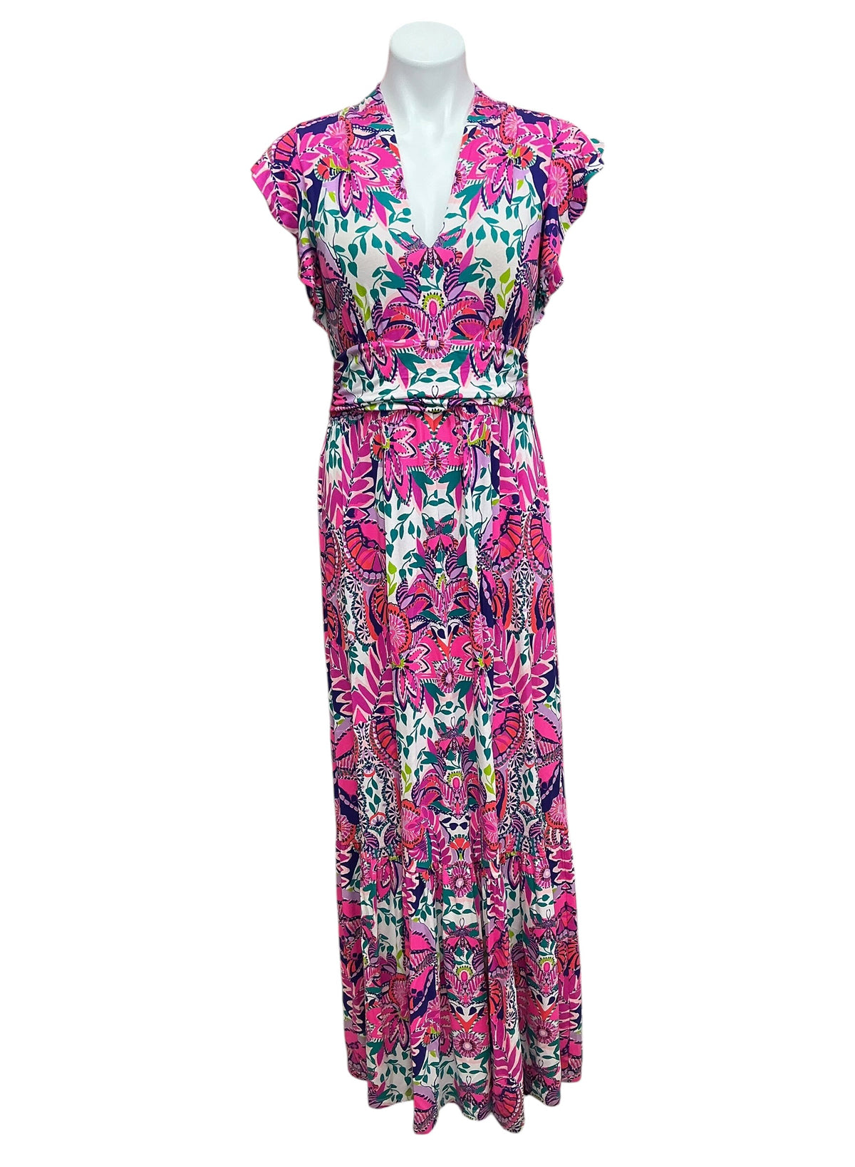 Lilly Pulitzer Adriann Flutter Sleeve Maxi Dress She’s Too Fly Engineered - Size L