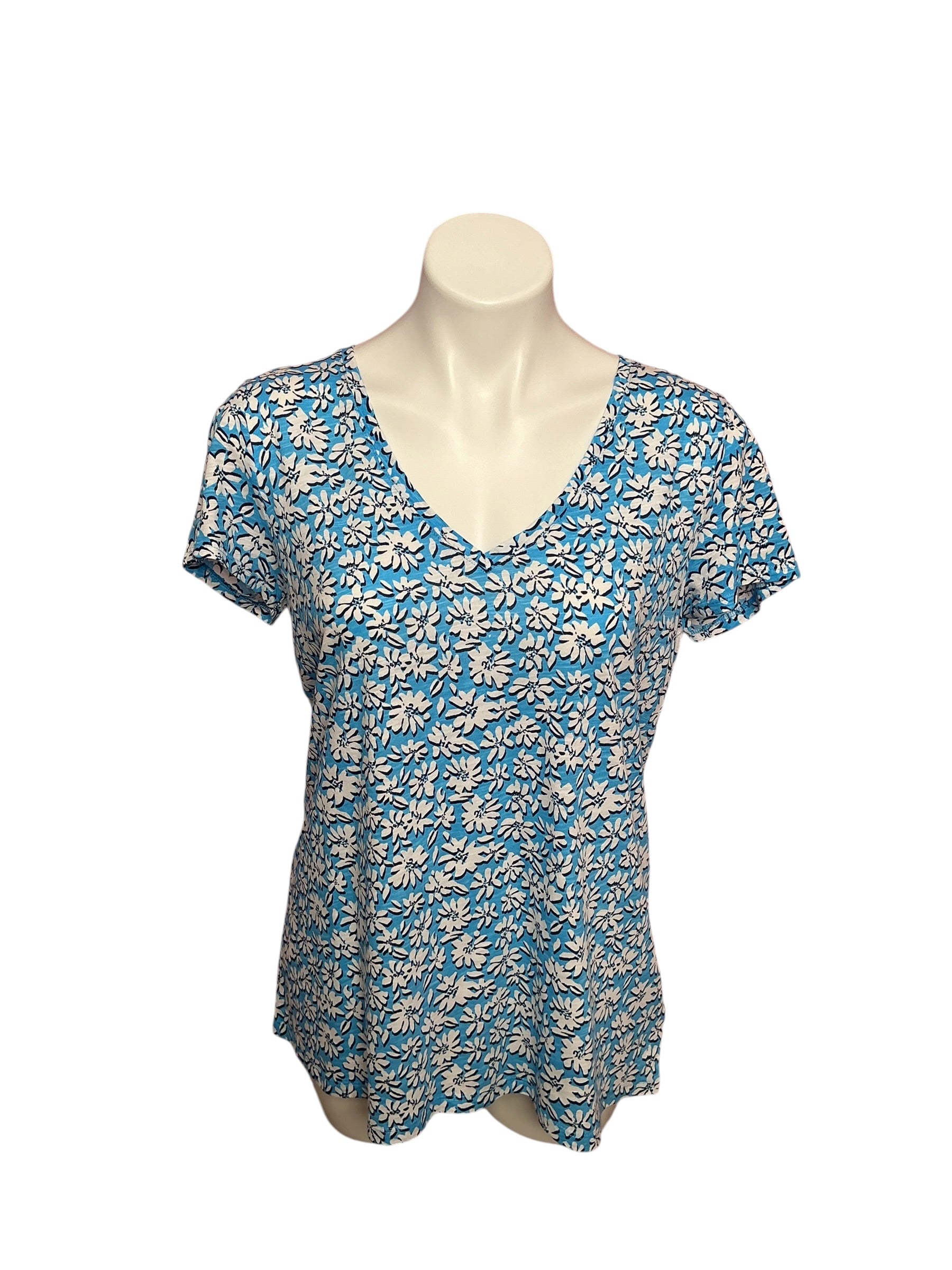 Lilly Pulitzer Etta V-Neck Cotton Top Lunar Blue Palm Beach Petals - Size M