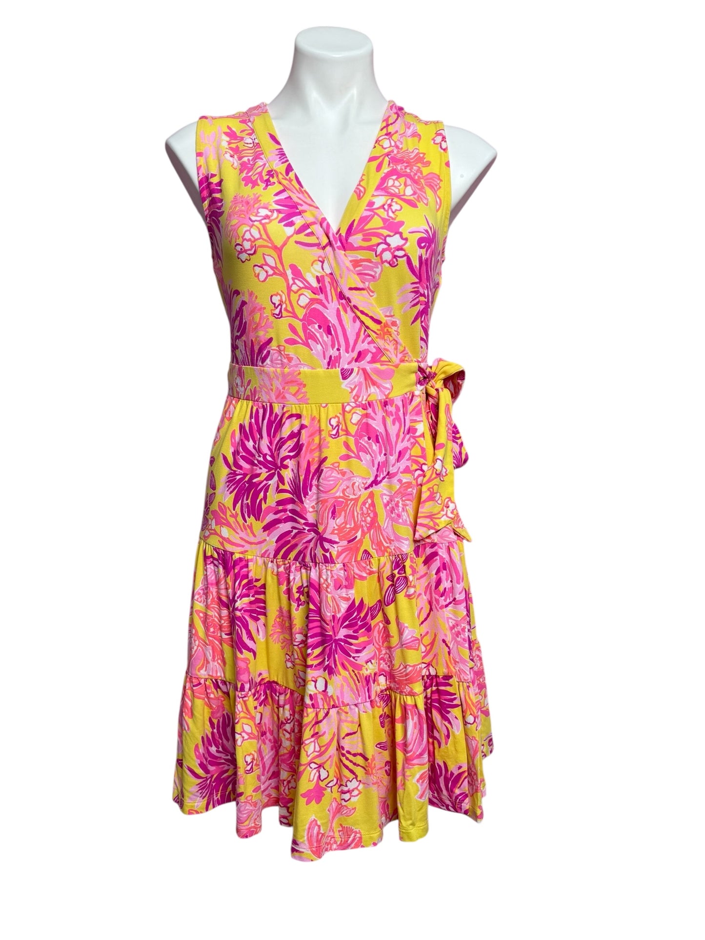 Lilly Pulitzer Folly Floral Wrap Dress, Calla Yellow- Floral Coral Size S