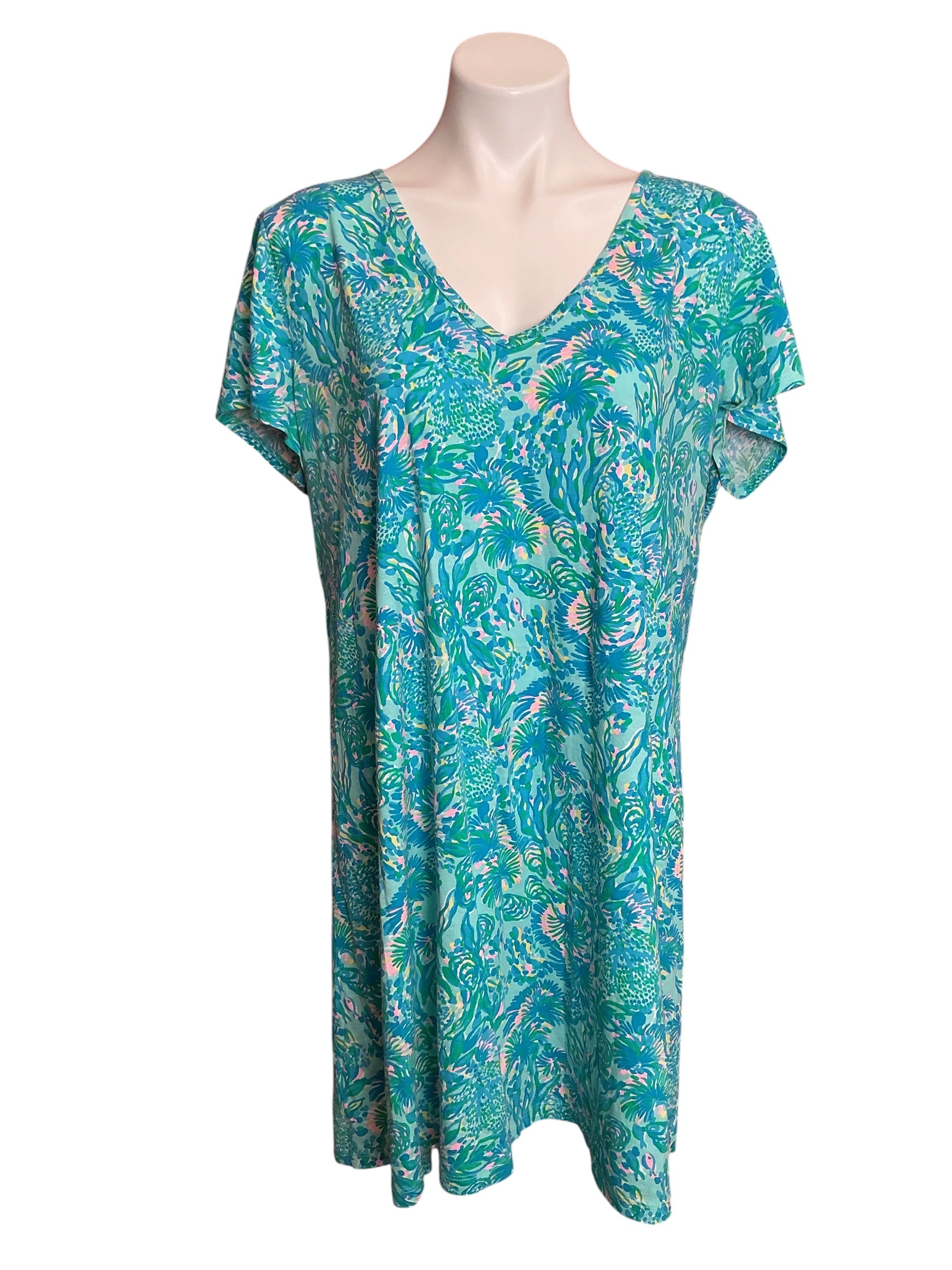 Lilly Pulitzer Etta Short Sleeve Dress Surf Blue Coral Of The Story - Size XXL