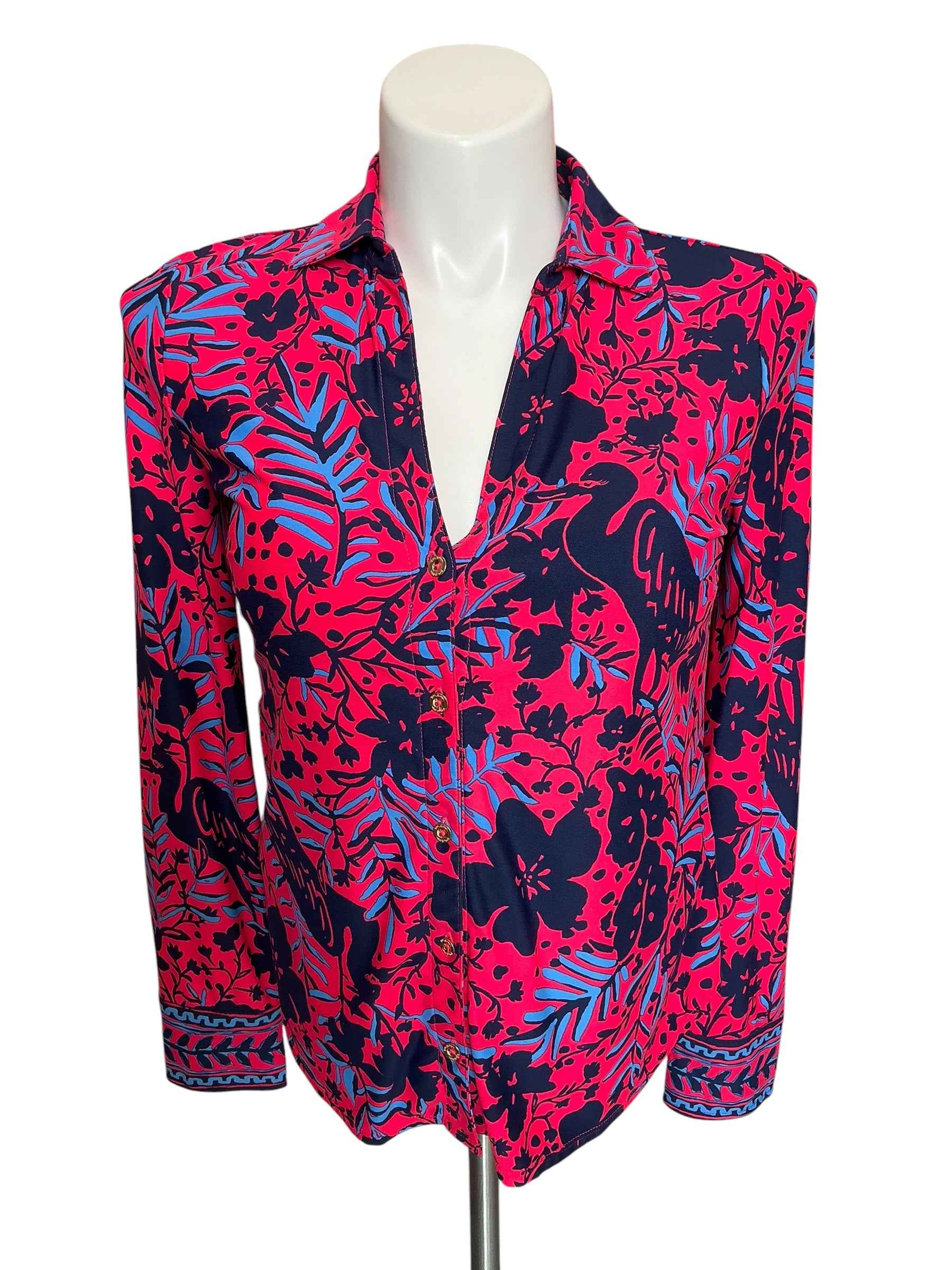 Lilly Pulitzer Marlena Button Down Top Ruby Red Heron My Own - Size M