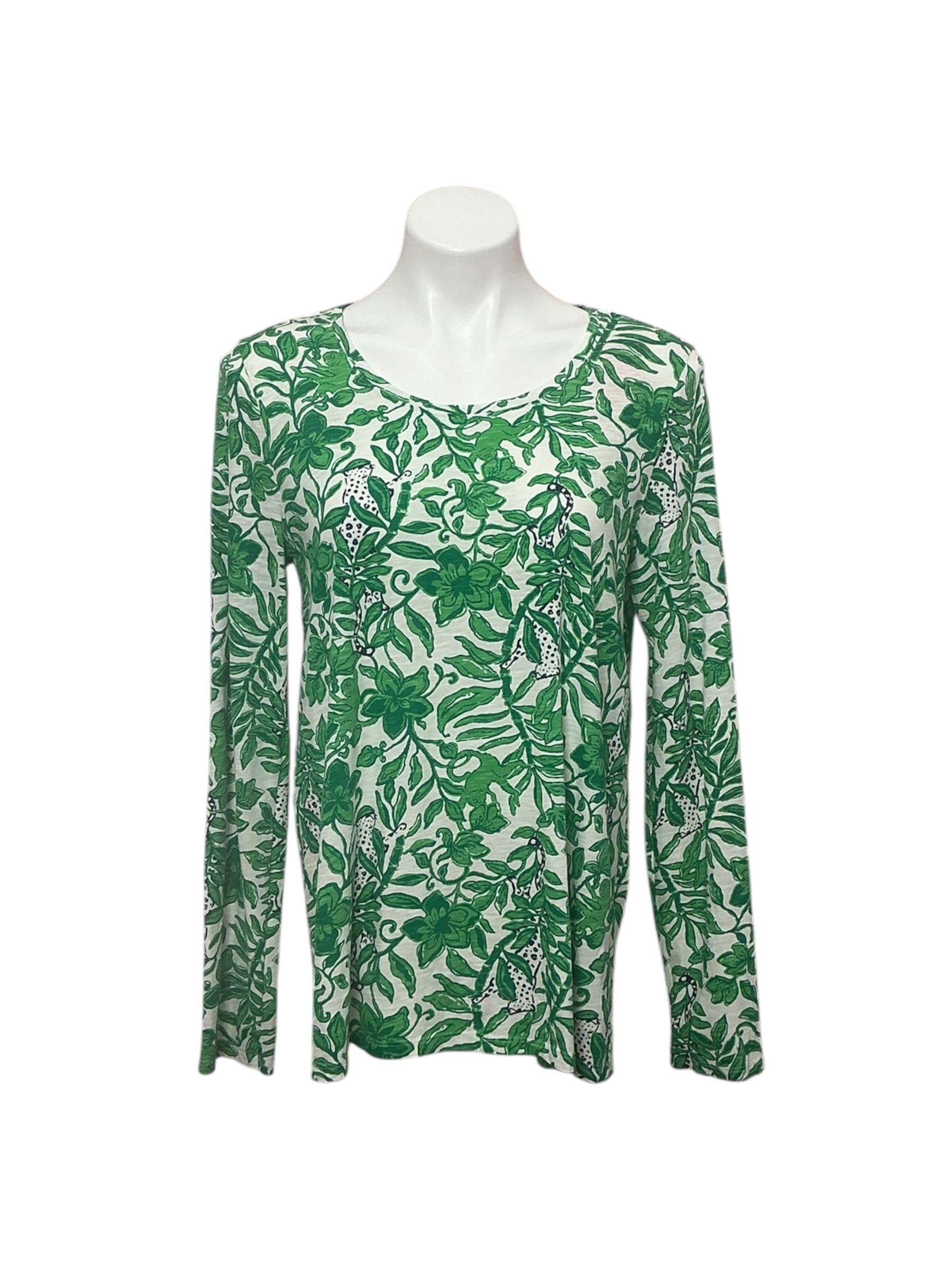 Lilly Pulitzer Etta Scoop Neck Long Sleeve Top Fiddle Leaf Green Lil Escape Plan - Size M