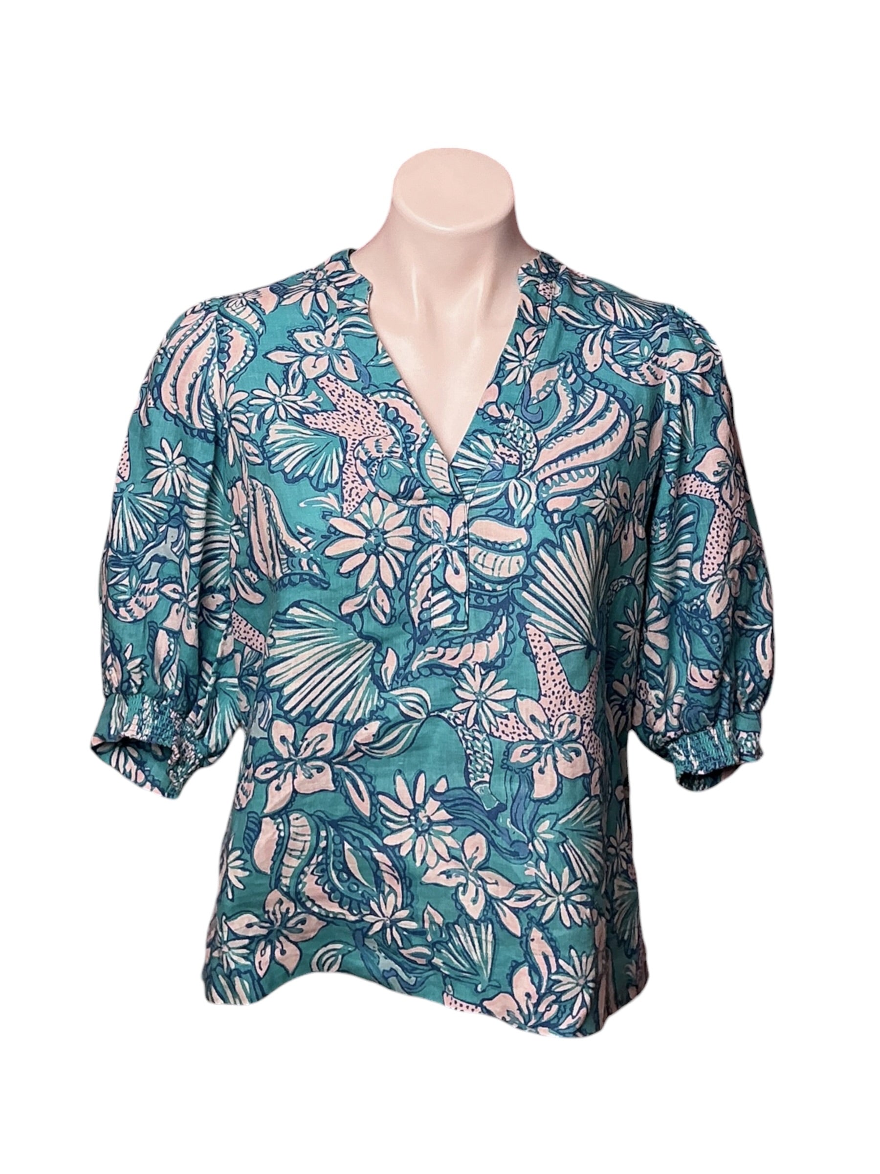 Lilly Pulitzer Mialeigh Linen Top Amalfi Blue Sound The Sirens - Size 00
