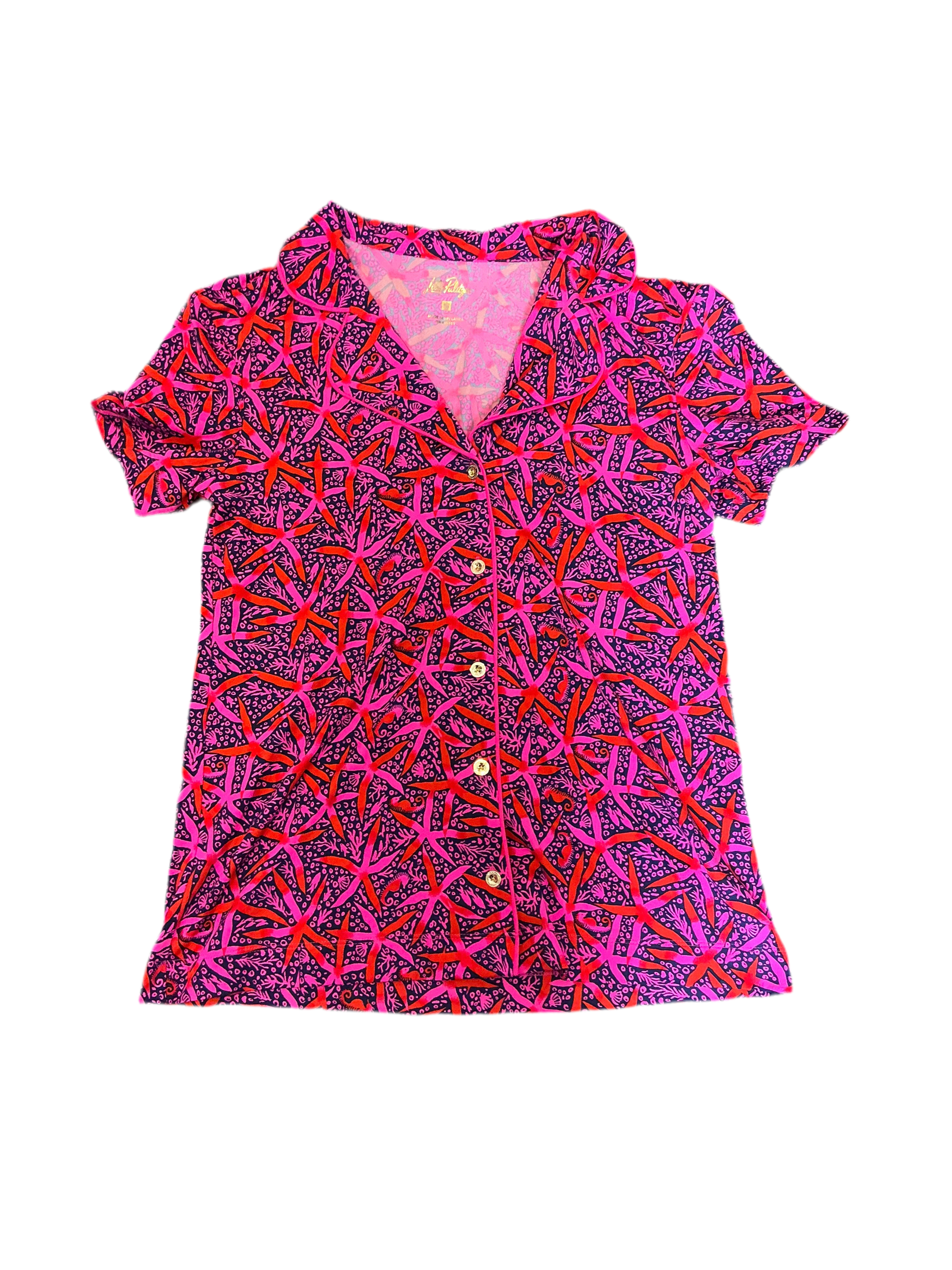 Lilly Pulitzer NWT PJ Knit SS Button-Up - Passion Fruit Pink Star Searching - Size M