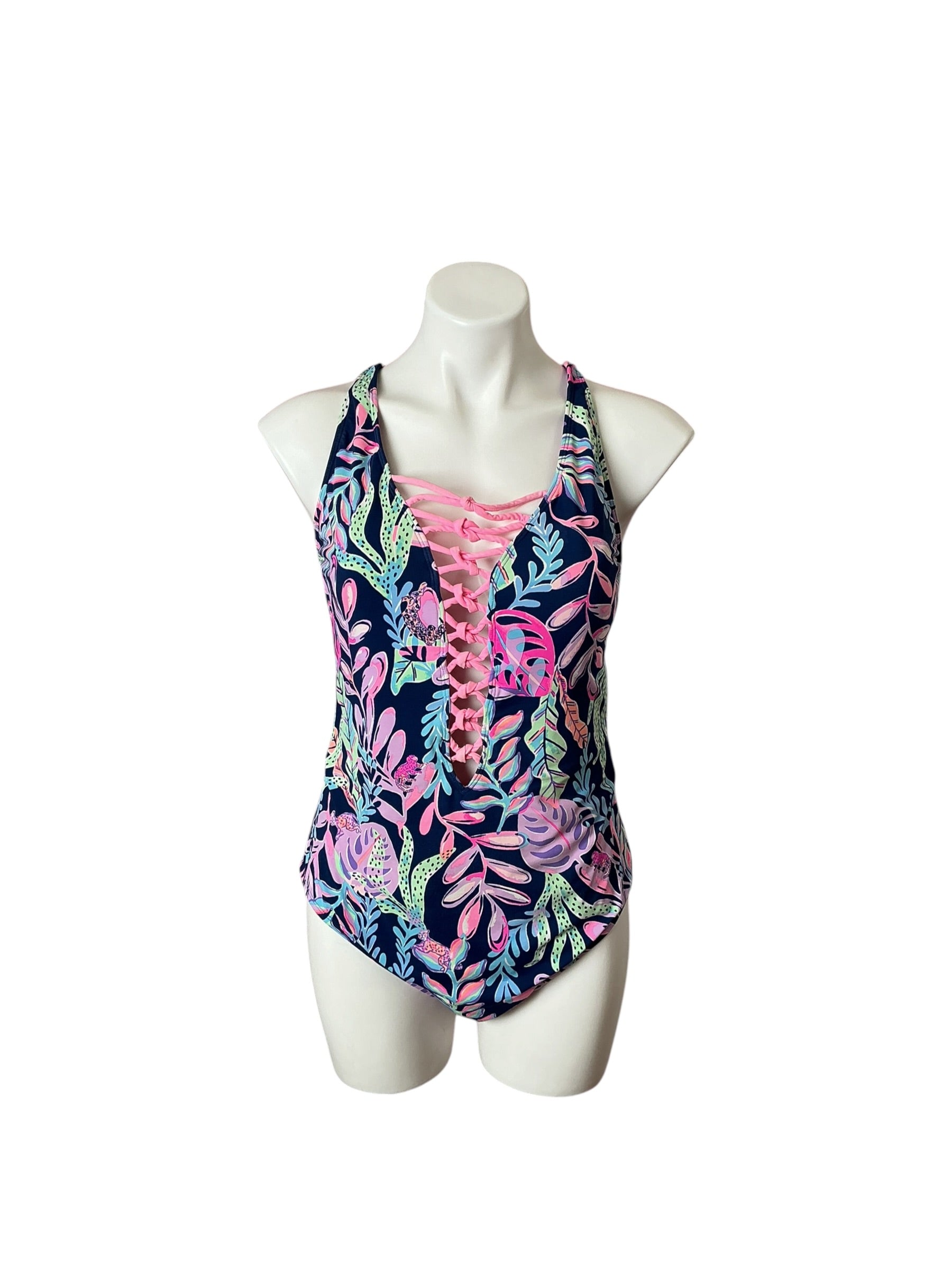 Lilly Pulitzer Isle Lattice One Piece Swimsuit Oyster Bay Navy You’ve Been Spotted - Size 16