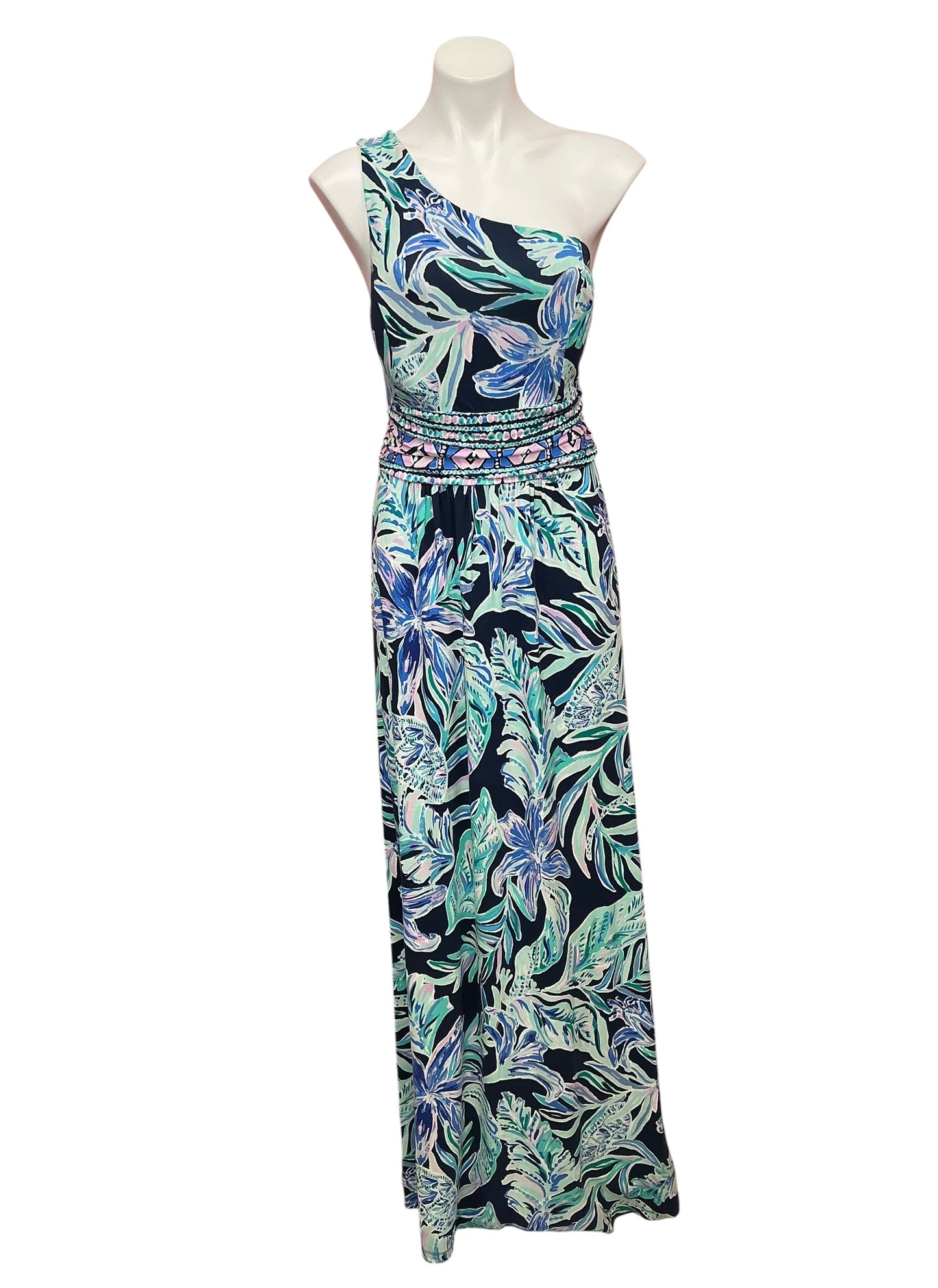 Lilly Pulitzer Malia One Shoulder Maxi Dress High Tide Navy Ready Set Gecko - Size L
