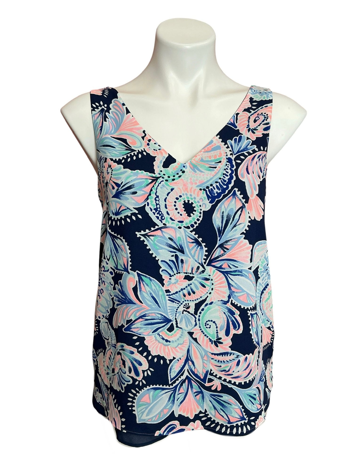 Lilly Pulitzer Florin Reversible V Neck Tank Top High Tide Navy Holy Flockamolie - Size XS
