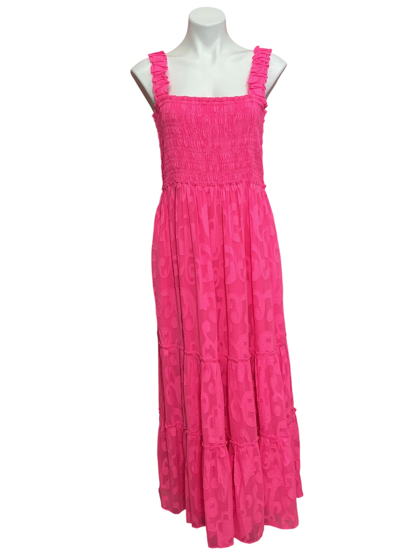 Lilly Pulitzer Hadly Smocked Maxi Dress Roxie Pink Crepe Swirl Clip - Size XL