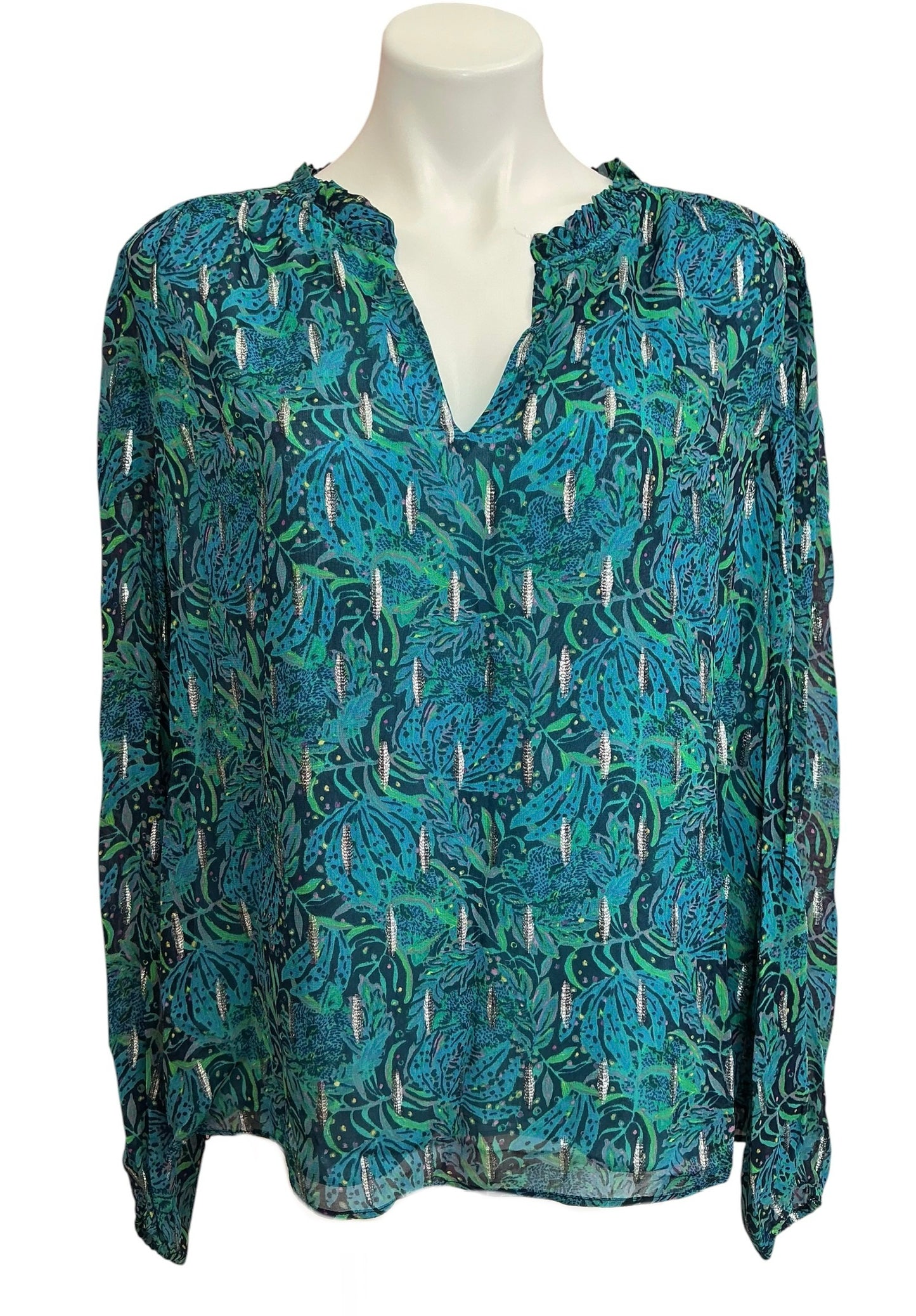 Lilly Pulitzer Giana Long Sleeve Silk Top Low Tide Navy Lil Catty Purrsonality - Size XL