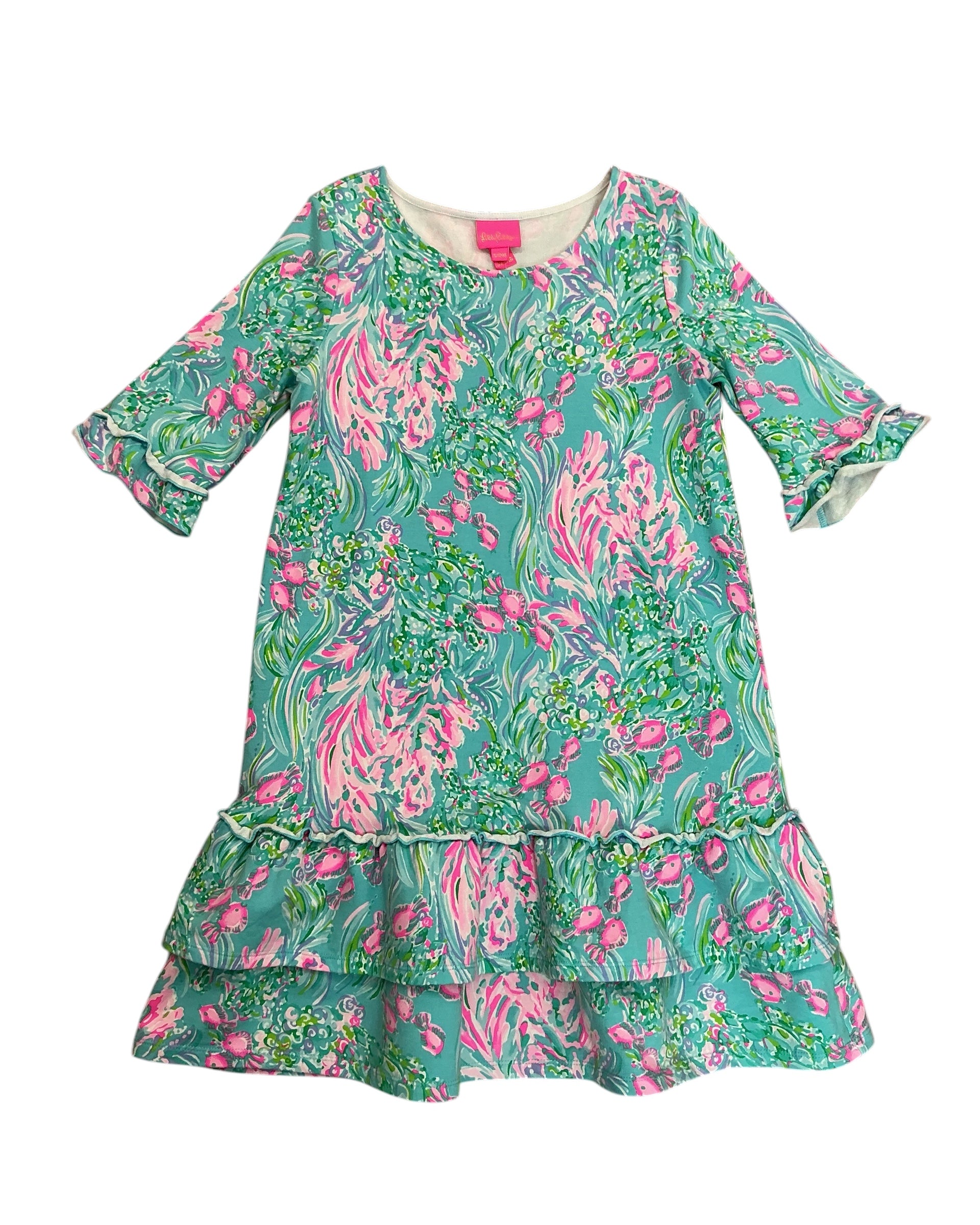 Lilly Pulitzer Girls Kids Kailyn Dress Amalfi Blue Best Fishes - Size XL 12-14