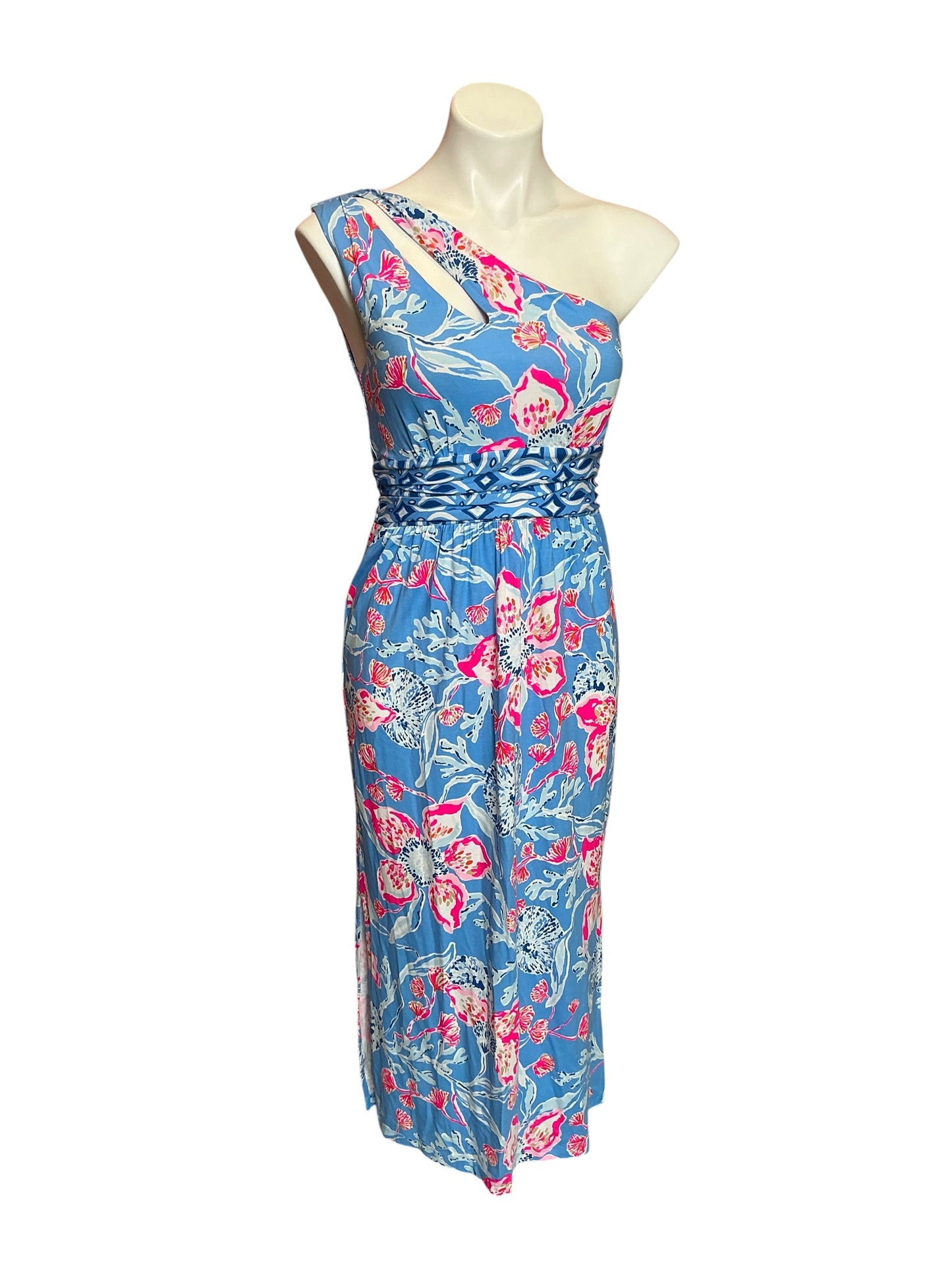 Lilly Pulitzer Helina One-Shoulder Midi Dress Barton Blue Bahamian Rhapsody - Size S